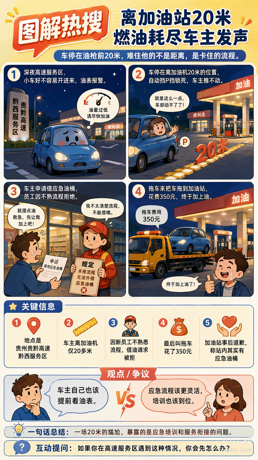 离加油站20米燃油耗尽，车主签字按手印求借油却被新员工一句“规定不行”给怼回去，最后花350块叫拖车才加上油。这剧情比段子还荒诞。

说白了就是培训没到位，把应急流程当成了死板条文。其实按规定，高速上缺油熄火，车主签字报备后是可以借应急油桶的。结果因为一个新员工的不熟悉，让车主在寒风中 ​