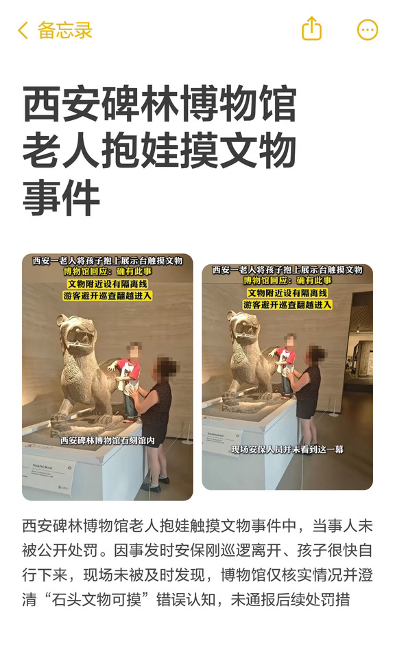 西安碑林博物馆老人抱娃摸文物事件