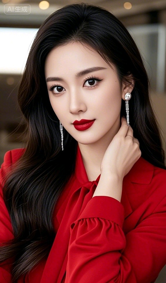 中国美女身着一袭红色时尚华服，尽显高端大气。她优雅知性又高贵冷艳，大眼...