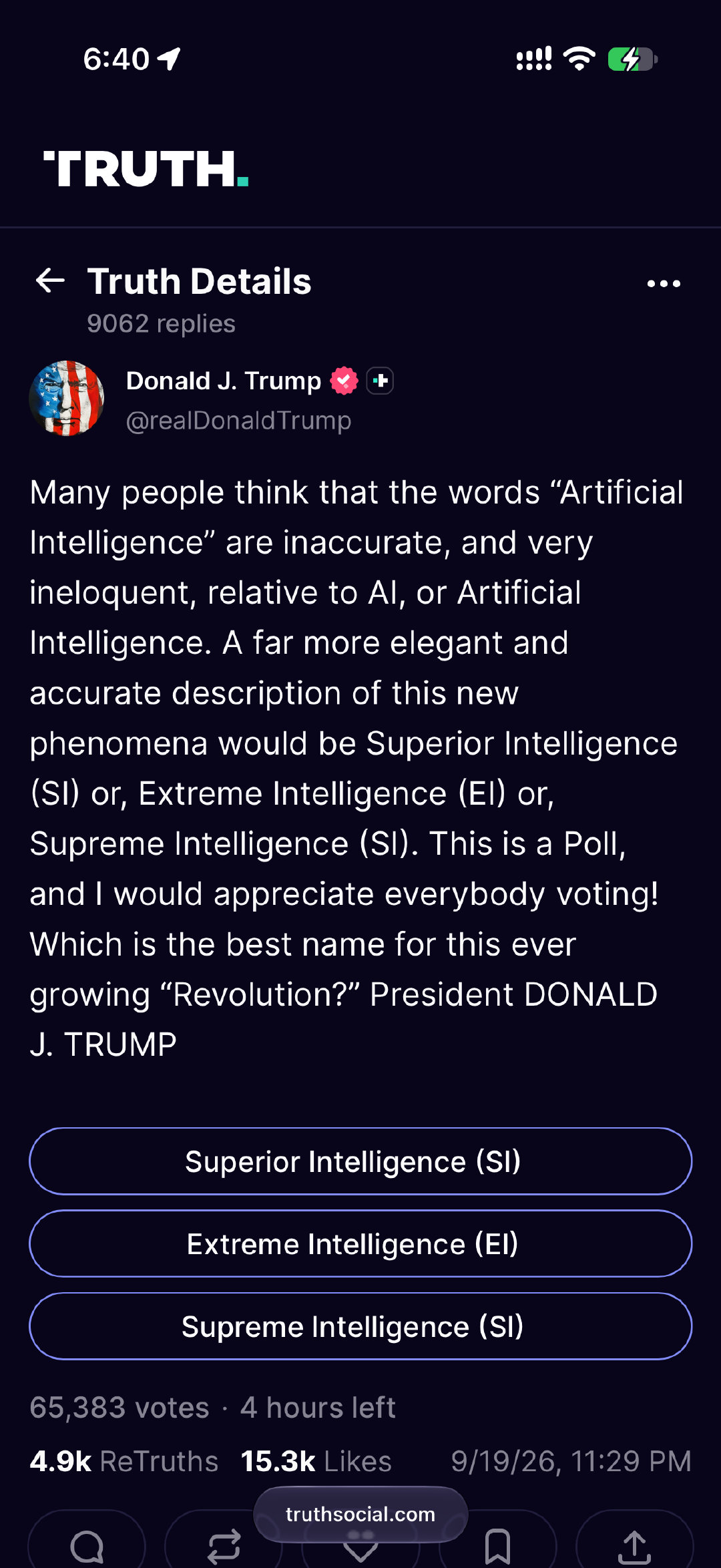 特朗普觉得 Artificial Intelligence 人工智能这个叫法不准，想给他改个名字，还投票，超级智能、极致智能、至高智能 ​