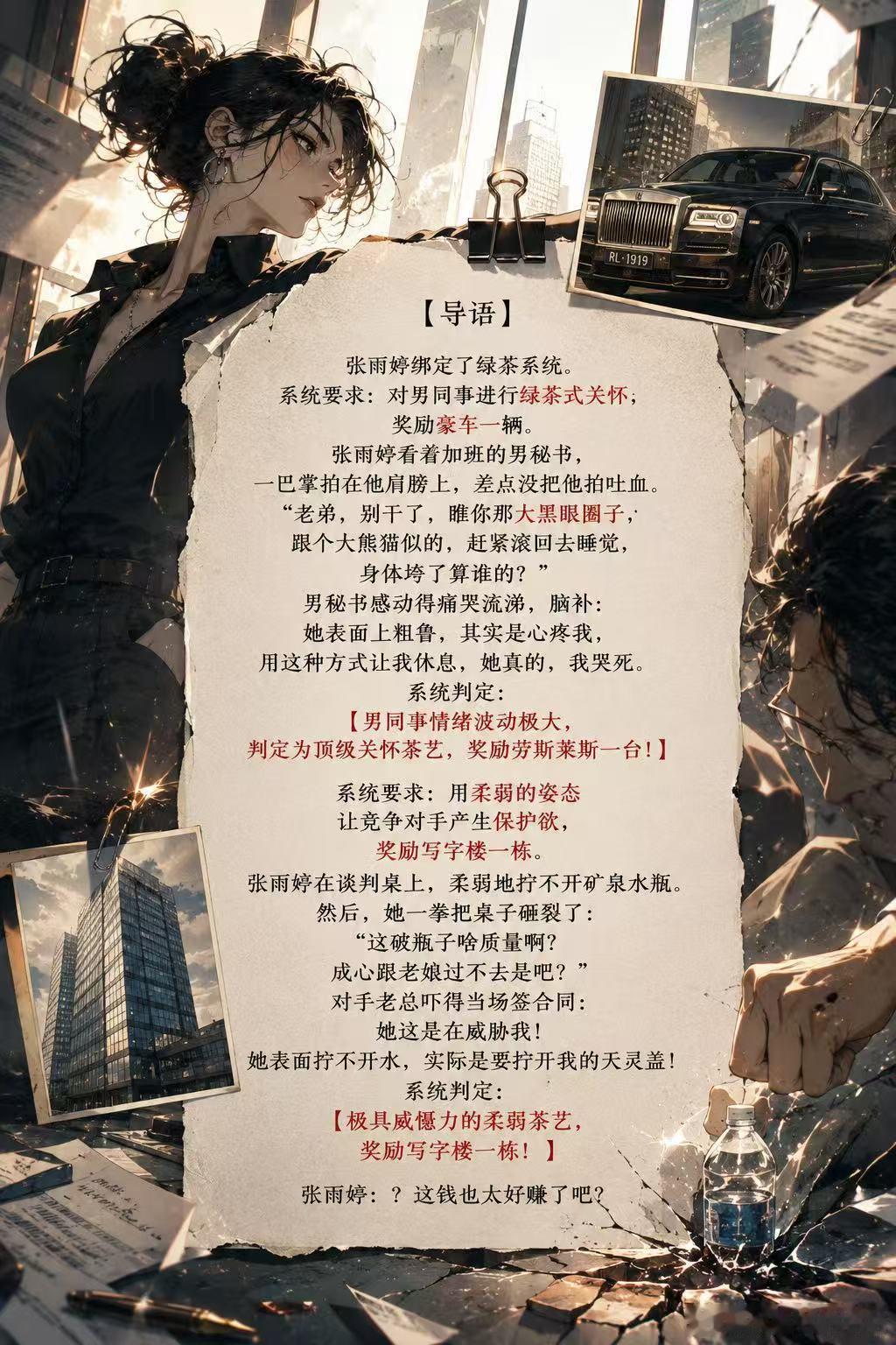 #小说资源铺[超话]# 🫖绿茶系统✖️💪东北猛女✖️💸离谱奖励✖️🏢职场打脸✖️🤯全员脑补✖️🚗暴富逆袭

💥《让你当绿茶，你拧天灵盖？》💥

系统让张雨婷装柔弱，她反手扛起几十斤水桶；让她施展茶艺，她差点把桌子一拳砸裂！
偏偏所有人都疯狂脑补：她好柔弱、她好会、她真的太体 ​