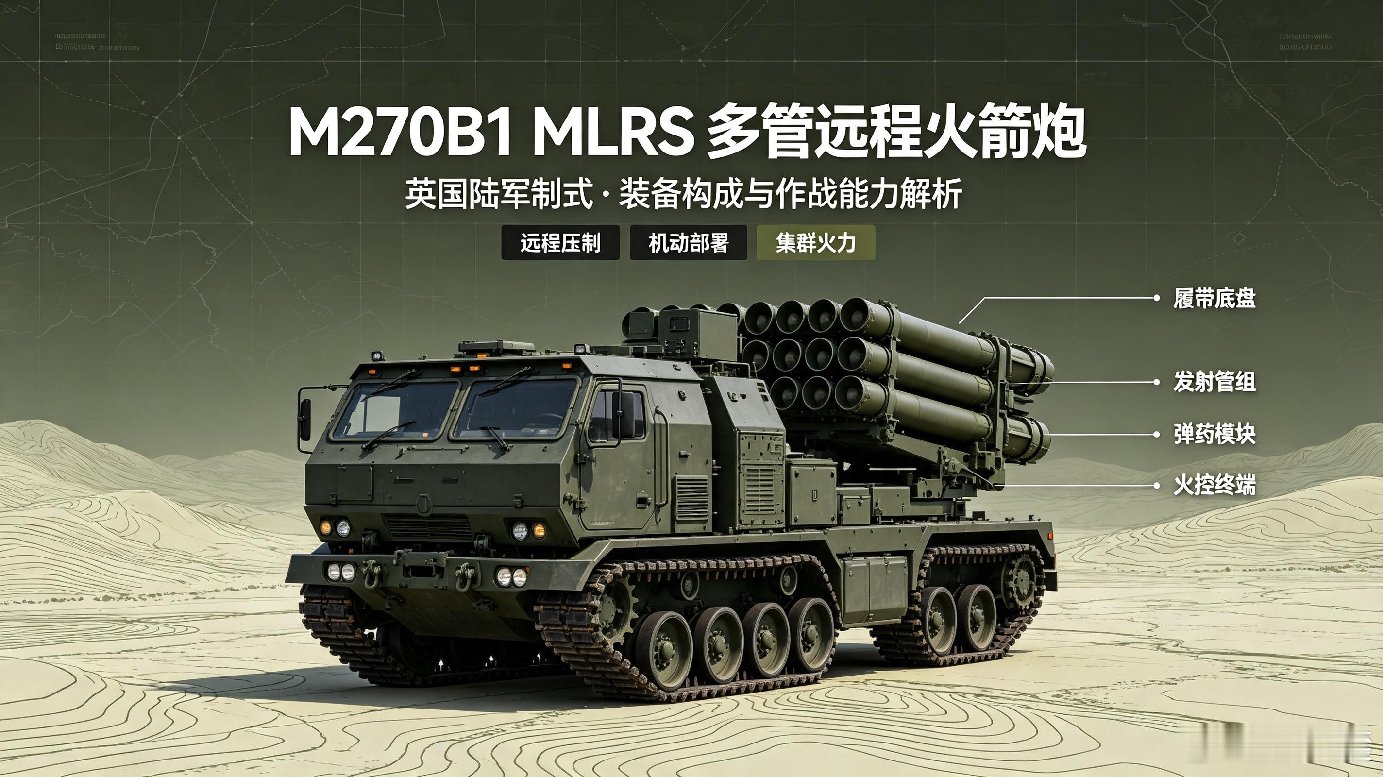 #军事ai新视野# 英国M270B1 MLRS 多管远程火箭炮（英国陆军制式）（图一、三、四、六由豆包ai生成）#ai热力追踪# 
 
北约代号：MLRS（Multiple Launch Rocket System）
绰号：钢雨；研发：美英德法意多国联合项目；主承包商：洛克希德·马丁
定位：履带式装甲模块化远程火箭炮，英国陆军纵深远程精确打 ​