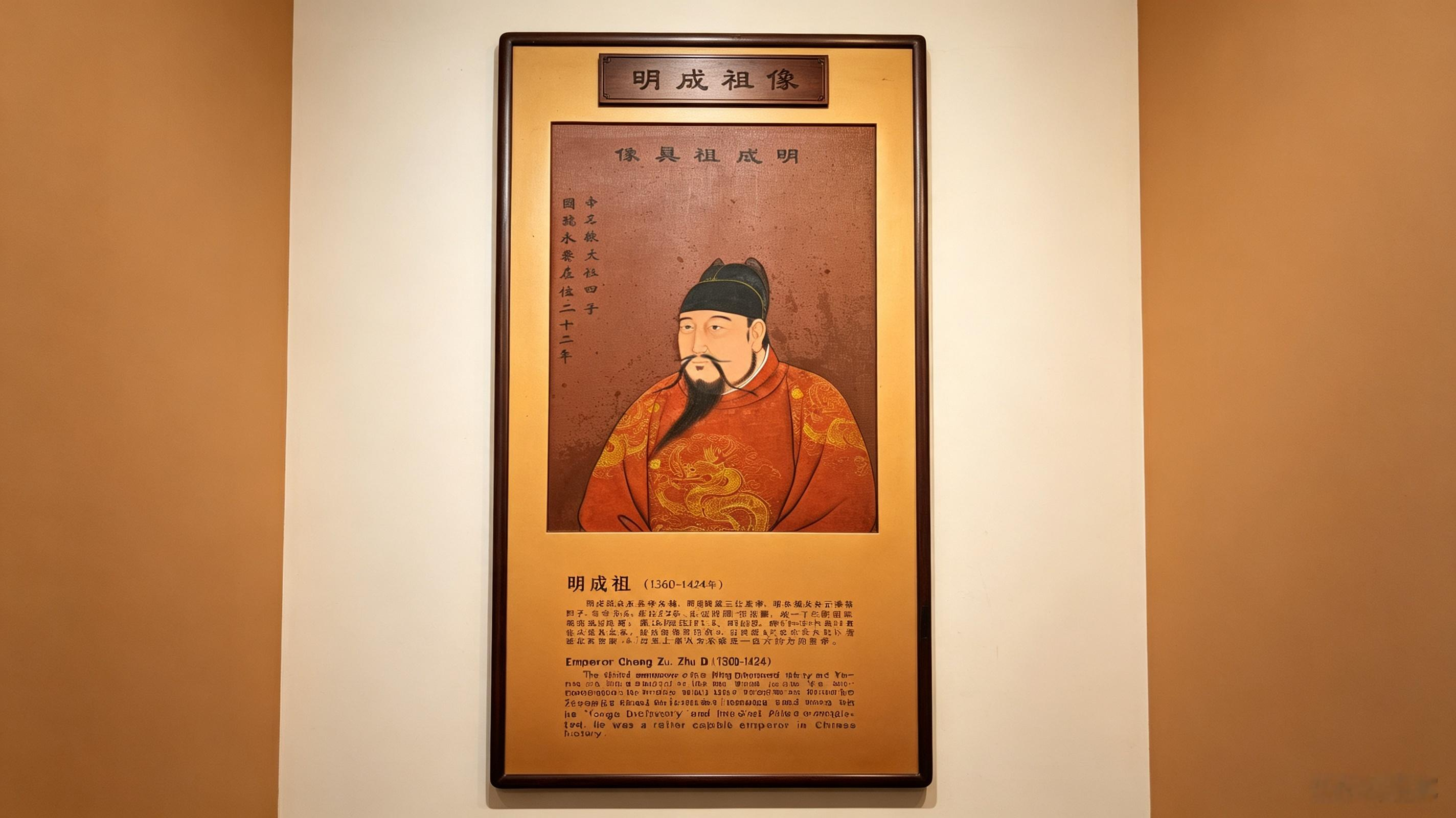 明成祖朱棣，明朝第三位皇帝，年号永乐，朱元璋第四子，在位22年。他励精图治，设立内阁，多次御驾亲征稳固边疆。派郑和下西洋，促进中外交流；召集文士编纂《永乐大典》，营建北京宫殿。文治武功并举，是明朝颇有作为的一代帝王。
 
作品声明：原创
明成祖 朱棣 明朝历史