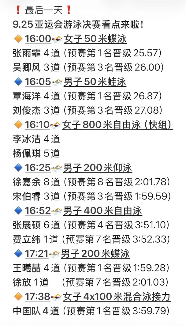 最后一天｜9.25亚运会游泳决赛看点来啦！