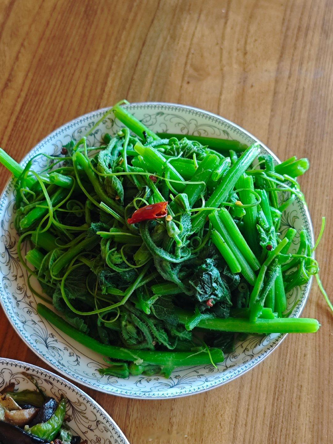 第二道菜，地里的南瓜尖儿，对叶子菜的尊重是不隔顿，放半天就蔫了。最近看新闻说无良商家用甲醛泡白菜，大家活着真挺不容易的。 ​