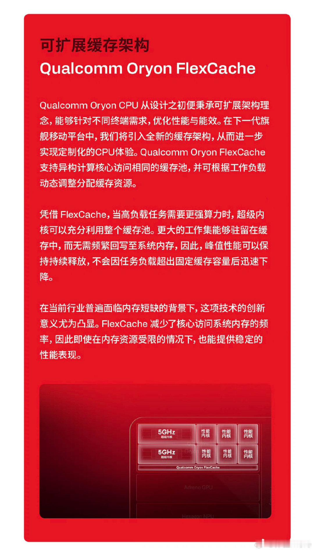 高通提前一个月公布新芯片信息还是很少见的，被玄戒O3刺激到了？

骁龙8 Elite Extreme Gen 6(SM8975)，首个迈入5GHz的移动端CPU，说是全新Qualcomm Oryon CPU，第四代Oryon？

全新Qualcomm Oryon FlexCache可扩展缓存架构，不同核心可共享缓存资源，减少频繁访问内存。 ​