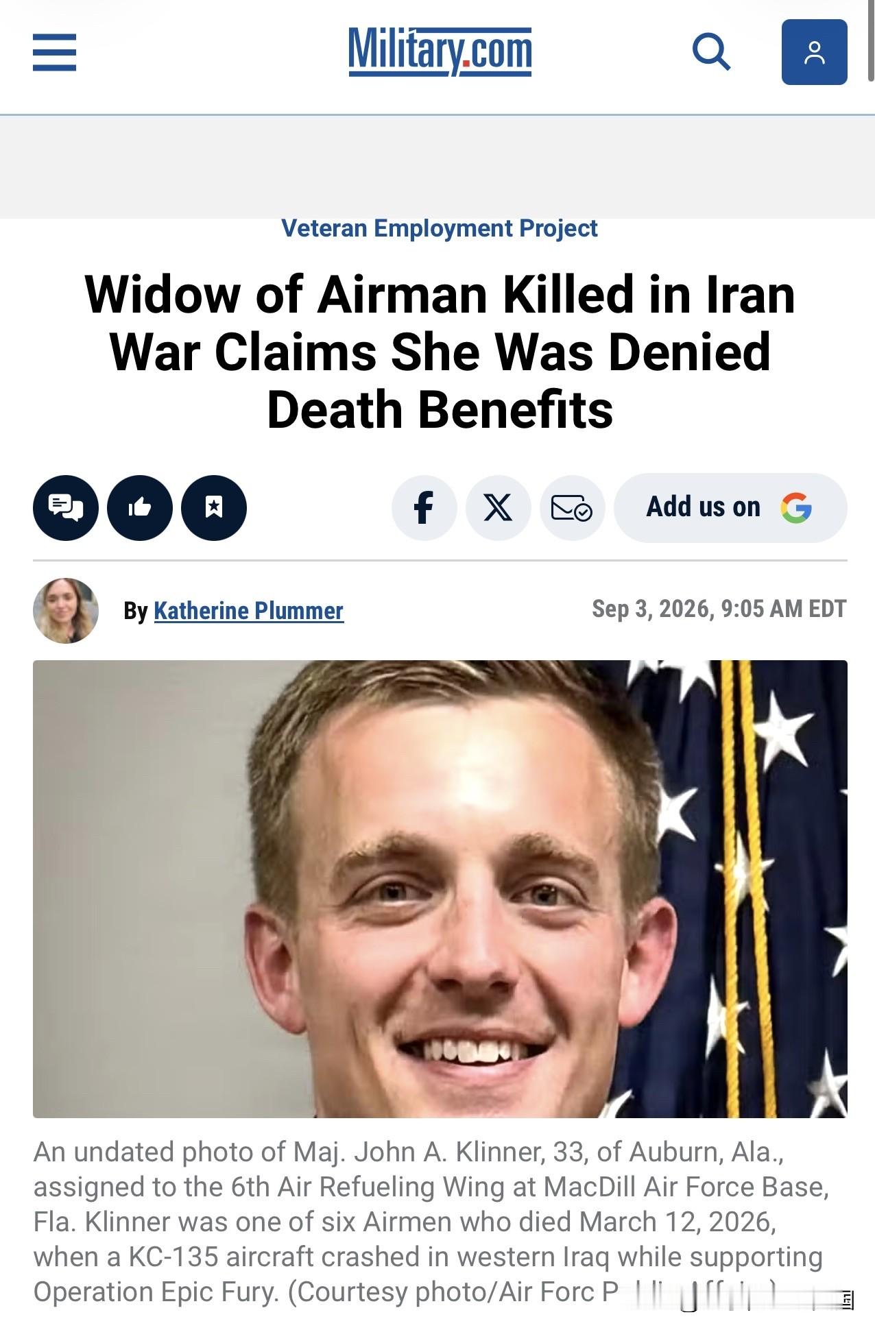 综合 CNN、Military。com、NOTUS 的报道以及美国国防部官方福利规定来看，这件事的来龙去脉基本清楚：美国空军少校 John “Alex” Klinner 于 2026年3月12日执行支援美国对伊朗军事行动的空中加油任务时，在伊拉克发生 KC-135 坠机事故身亡；其遗孀 Libby