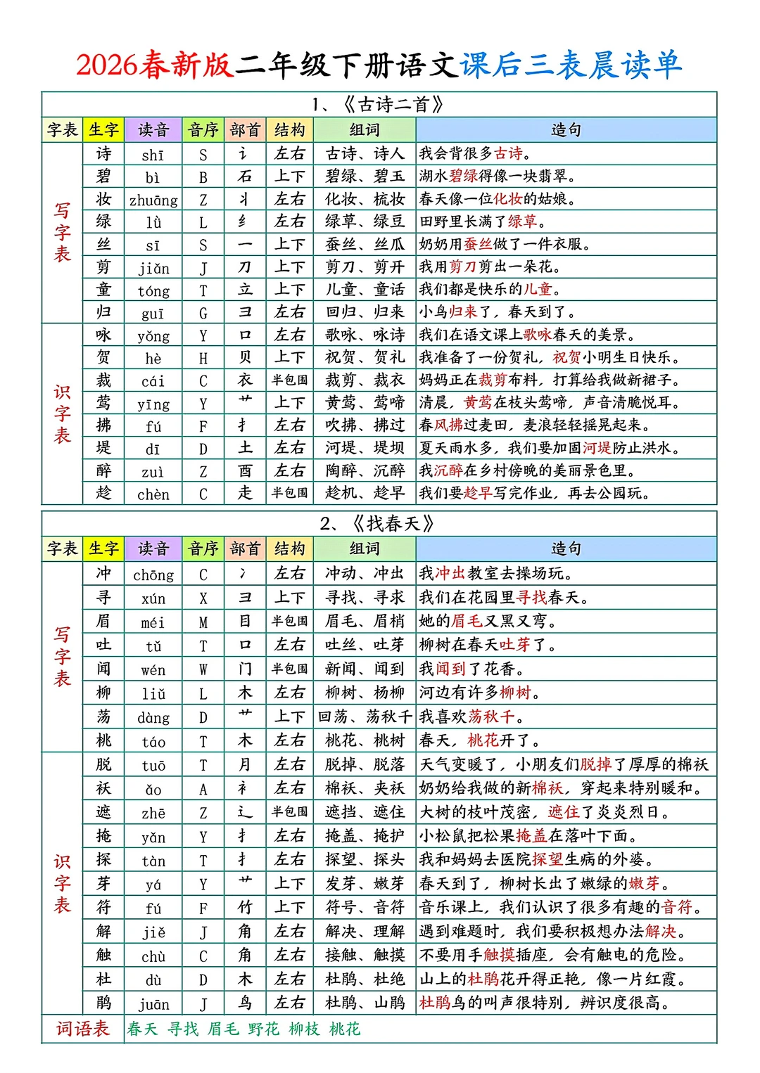二年级下册语文课后单