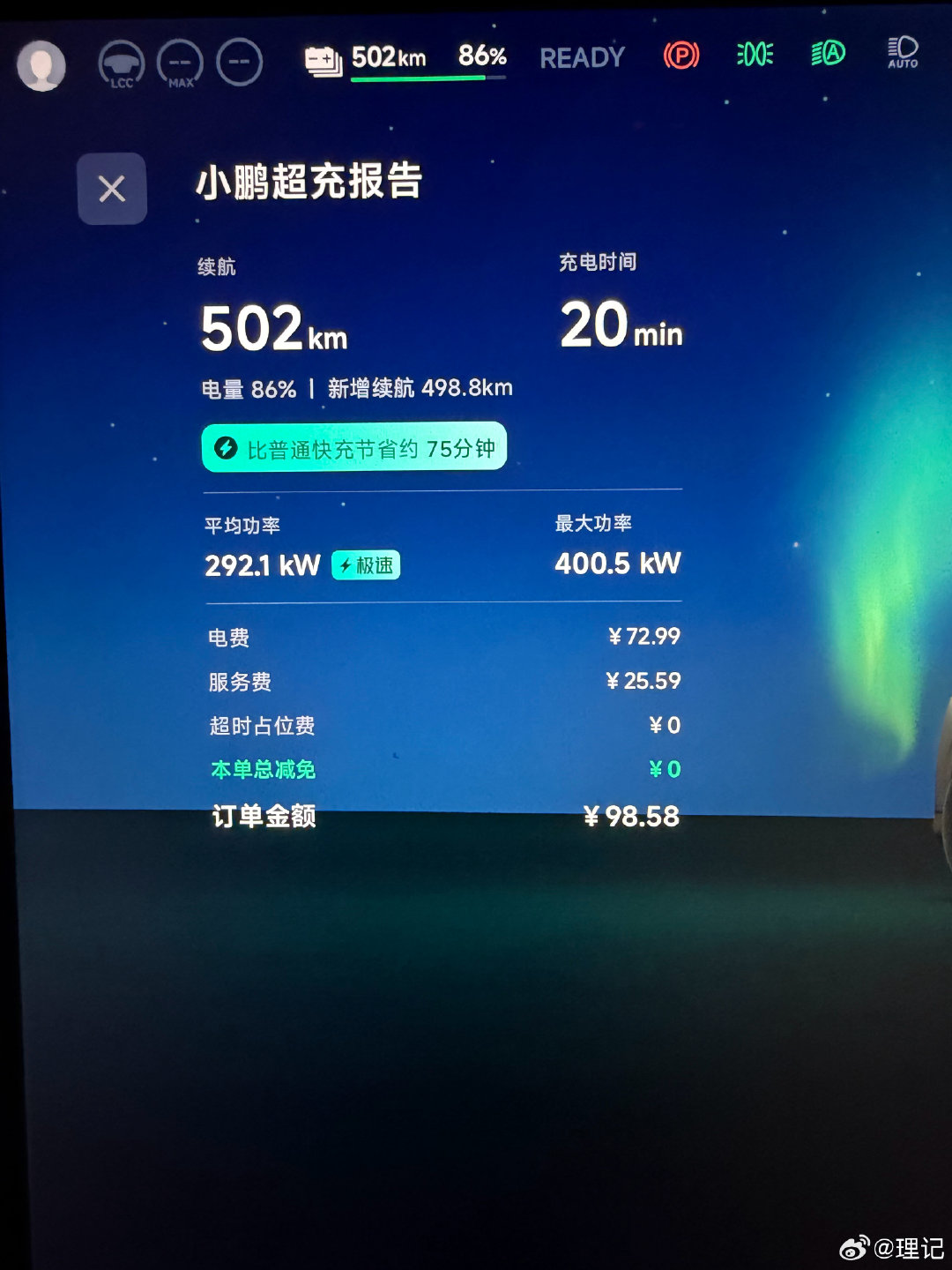 这是充电报告，最终20分钟充了498.8公里。不过前五六分钟，旁边停了个比亚迪充电，分走了部分功率。 ​