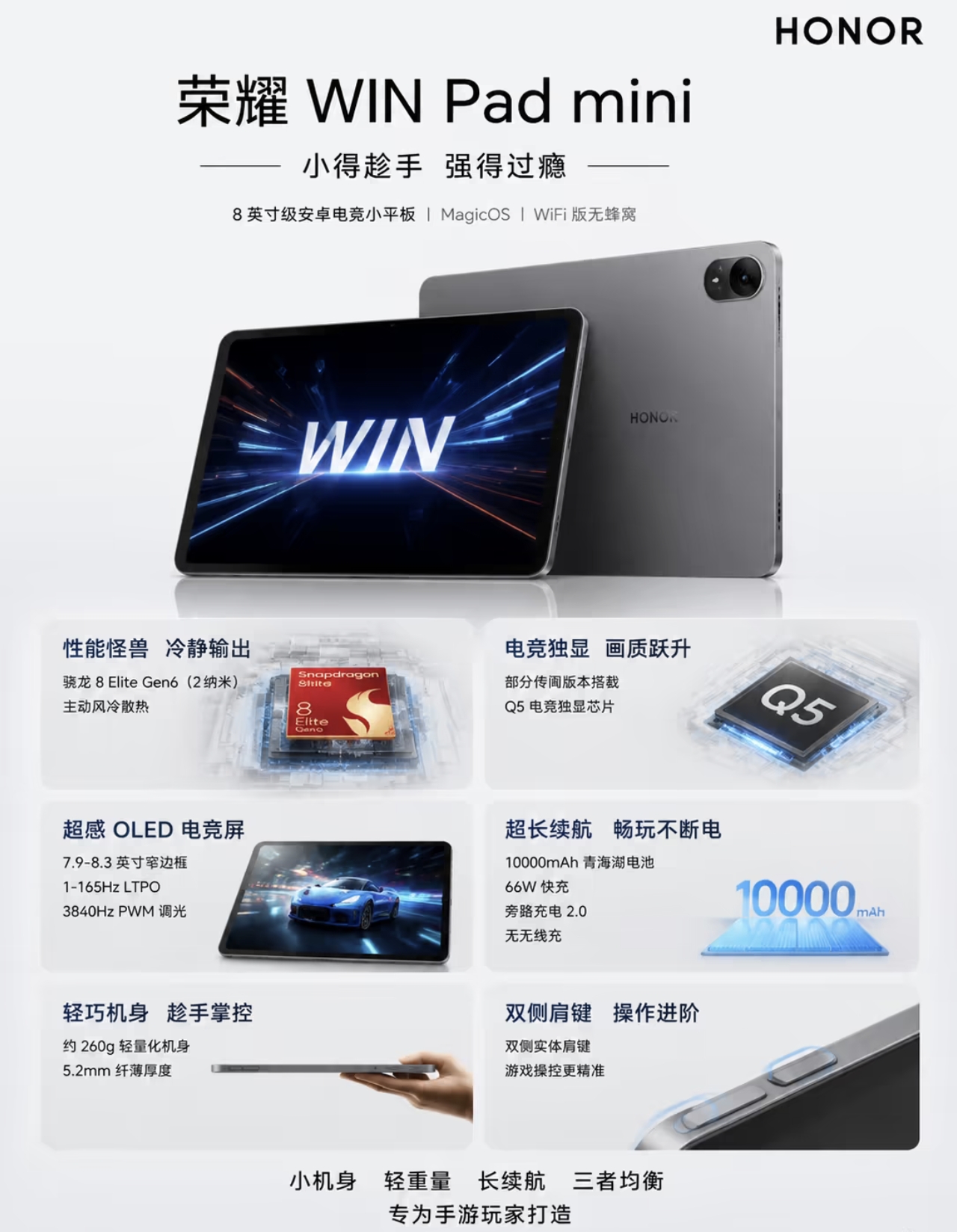 荣耀WIN Pad mini一堆参数流出，看完我直接心动了👀
 
先划重点！爆料来自网络，部分信息以官方为准
🔥性能拉满，有望上2nm骁龙8 Elite Gen6，小平板罕见内置主动风冷，长时间玩游戏不怕降频。
🎮传闻高配版本还带上自研Q5电竞独显芯片。
📺屏幕给到7.9‑8.3英寸窄边框OLED，