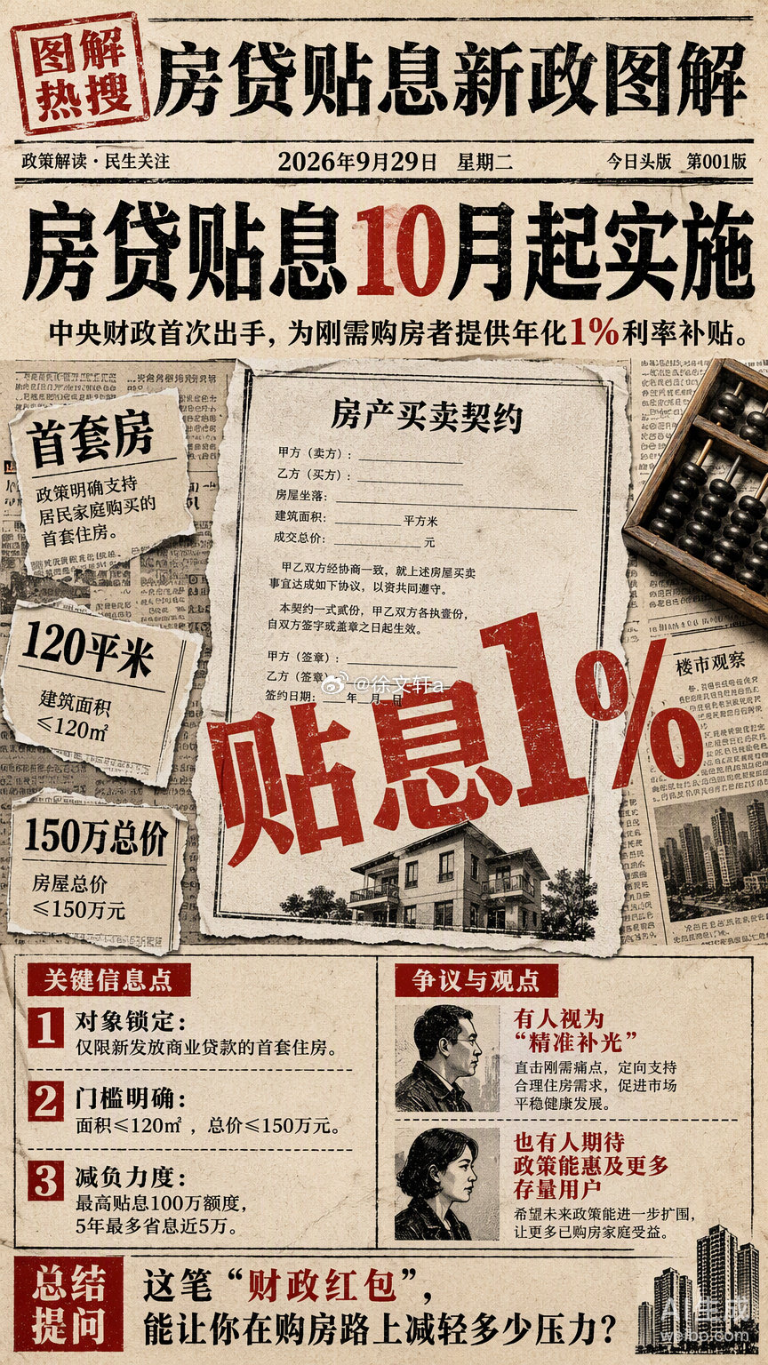 这次财政部联合央行推出的房贷贴息政策，像极了一次在暗房冲洗时进行的**局部补光**。

自10月1日起，针对购买首套、面积不超过120平方米且总价在150万元以内的住房，中央财政将给予年化1%的贴息。这种精准的“光线补偿”并非为了照亮整个房地产市场的全景，而是专门为了找回那些被高利率阴影遮蔽的刚需细节。

在摄影逻辑里，过度的全域提亮往往会导致画面失去层次，而这种限定条件的贴息更像是一次精细的选区调整。它过滤掉了投机性炒作的杂散光，只将有限的财政资源聚焦在最真实的居住需求上。对于一笔100万元的贷款，这1%的贴息相当于在长达五年的显影期里，为借款人省下了近5万元的利息成本。

这不仅是经济账，更是一次对民生底片的温柔修复。当政策的焦距从宏大的市场叙事转向个体的购房压力时，这张记录了普通人安居梦想的社会全景图，才算真正找回了应有的清晰度与温度。#三部门出台房贷贴息政策##贴息#