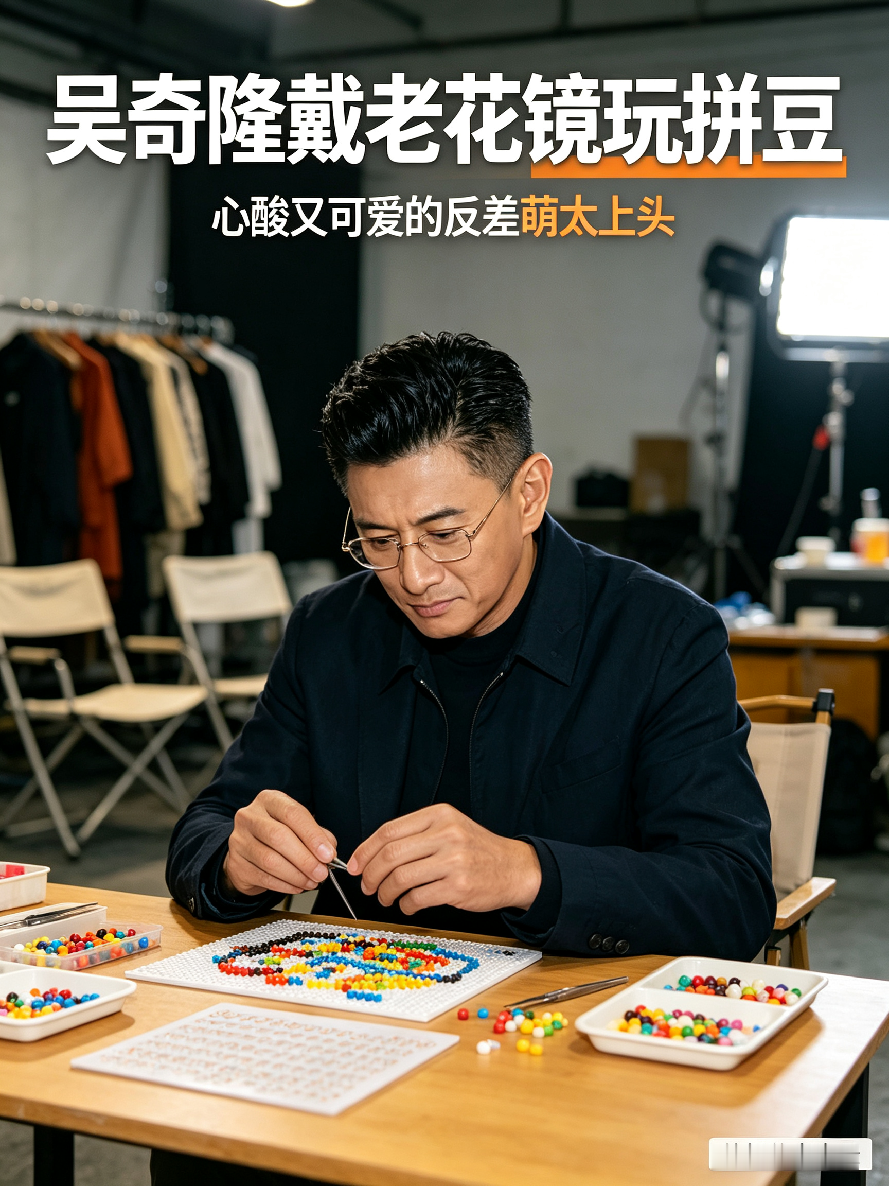 吴奇隆戴老花镜玩拼豆，心酸又可爱的“反差萌”太上头！

近日，有网友偶遇吴奇隆在片场休息时玩拼豆，照片一出，瞬间戳中无数网友的萌点。画面中，54岁的吴奇隆戴着老花镜，眉头微蹙，全神贯注地对着一颗颗彩色小豆子“精雕细琢”，那认真劲儿堪比拍摄武打戏。可一旦凑近看，鼻梁上那副老花镜又无情地暴露了“四爷”的