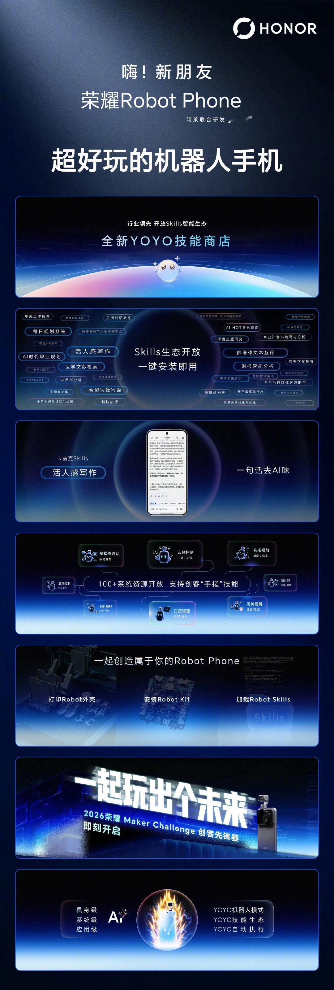 #荣耀Robot Phone#支持行业领先的开放Skills智能生态，打开全新YOYO技能商店一键安装Skills，让YOYO学会更多炫酷新技能。如果你是一位“创客”，我们还开放了100+系统资源，一起“手搓”属于自己的创意。2026荣耀Maker Challenge创客先锋赛正式发起，从使用者到创造者，创意由你定义。#荣耀发布会# ​