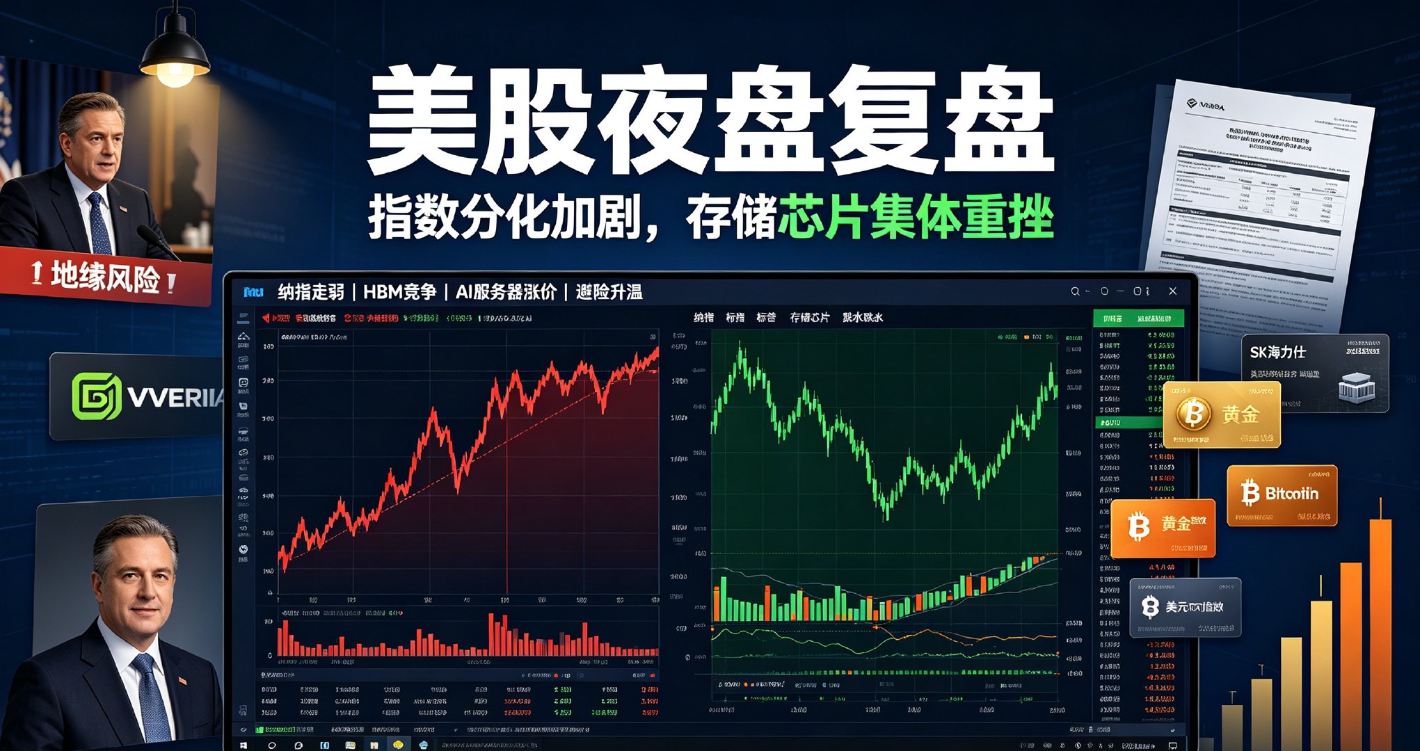 美股开盘：指数分化加剧，存储芯片集体重挫

8月24日夜盘，美股三大指数明显分化，价值与成长风格再度割裂。截至盘中，道指小幅收涨0.33%，纳指大跌0.92%，标普500跌0.31%，资金持续从高位科技赛道撤离，抱团传统价值标的避险。

本轮美股最大亮点是存储芯片板块集体跳水，成为今晚重灾区。SK海力士、 ​