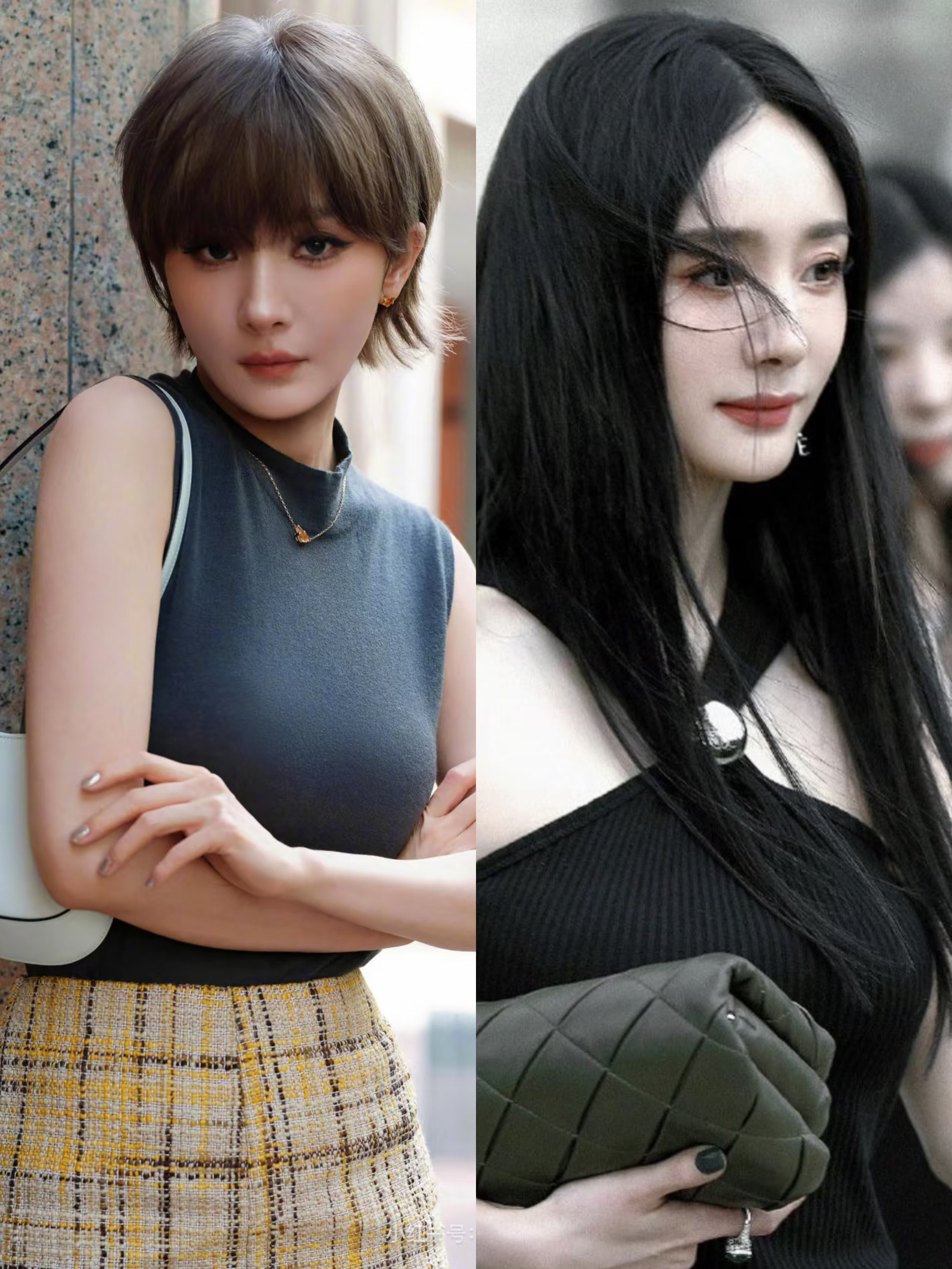 还得是杨幂，
头发长短收放自如。
昨天看她米兰秀场短发，我还觉得不好看，脸凹、发色也闷。

结果今天回国机场一看，又是黑长直，合着秀场那灰棕超短发是假发。

采访时她还一本正经说“心血来潮就剪了”“颜色随便染的”，把不少人唬住了。

李现在旁边听得直笑。现在看，就是开个造型玩笑。

网友也没真生气，