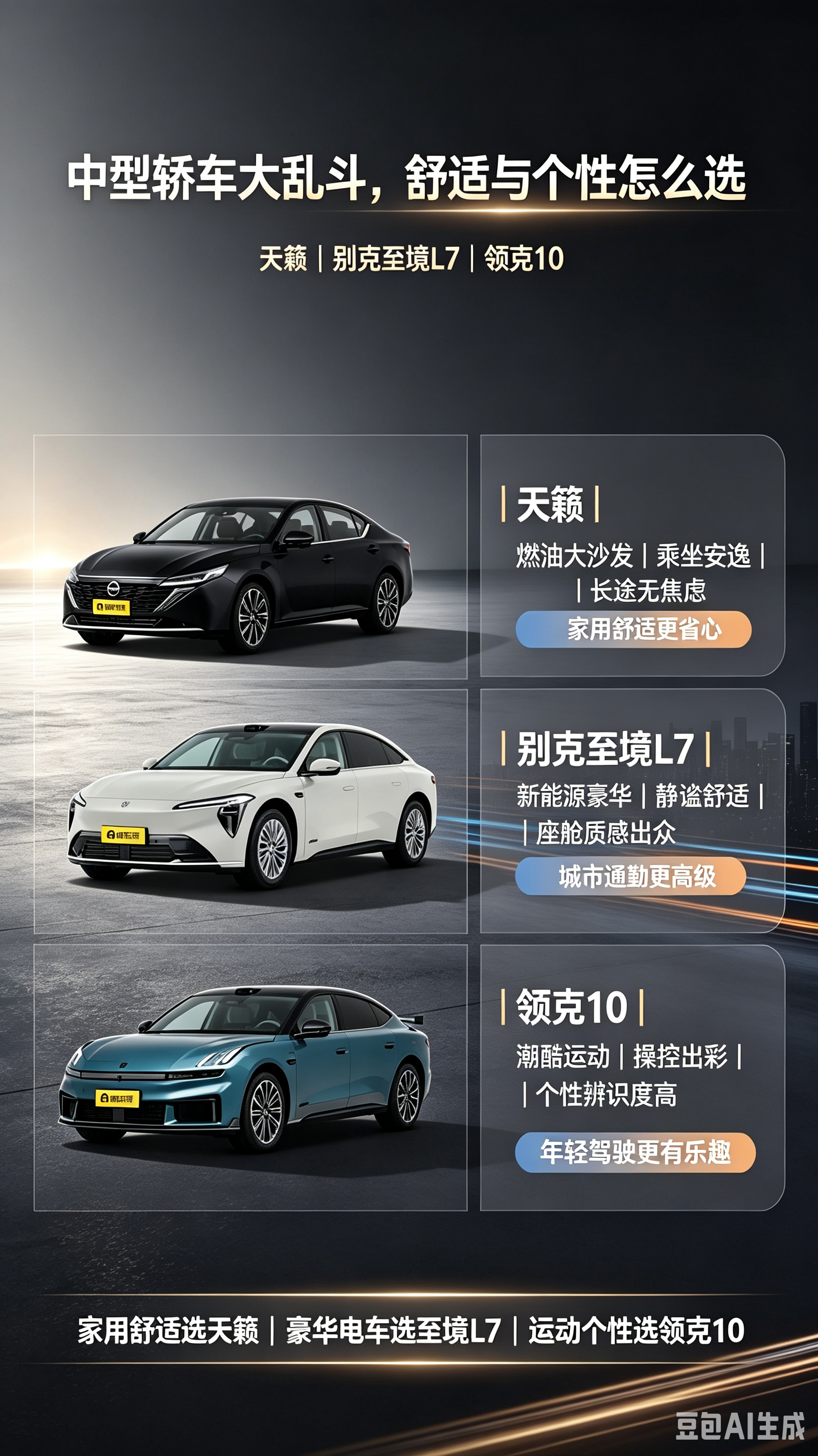 中型轿车大乱斗，舒适与个性怎么选
二十万区间中型轿车选择丰富，天籁、别克至境 L7、领克 10 三台风格差异明显，分别代表燃油舒适、新能源豪华、运动潮玩三种取向，结合自身用车习惯就能找准心仪座驾。
天籁是大家熟悉的老牌燃油选手，主打大沙发座椅，滤震柔和，坐上去松弛感十足。整车调校偏向安逸平顺，后期养
