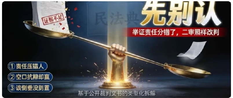 判决书写“证据不足”败诉？先别急着认！举证责任分错，二审照样改判
 
一审败诉的当事人，很多都会看到判决书里这句：“证据不足，驳回诉讼请求”。
 
不少人看到这句话就直接认命，觉得是自己证据不够，一心想着二审再补充更多证据。但很多时候，并不是你的证据不够，而是一审把举证责任分配错了。
 
举证责任分