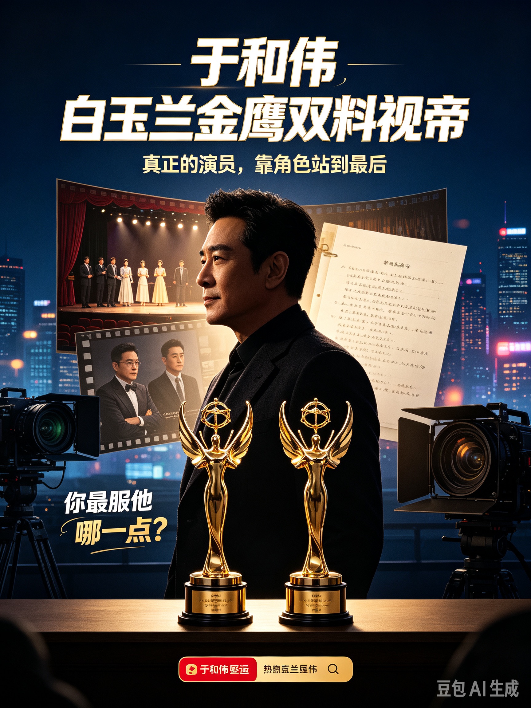 于和伟“双料视帝”刷屏：吴石这一角色，白玉兰刚封，金鹰又封

6月白玉兰，9月金鹰。

于和伟凭《沉默的荣耀》里的吴石将军，95天内把白玉兰视帝、金鹰视帝一块儿揣兜里。

这届金鹰男主多卷？胡歌、王宝强、王骁、郭京飞、王仁君全在桌上。

最后念到“于和伟”——没人真意外，但又真服气。

因为他演吴石
