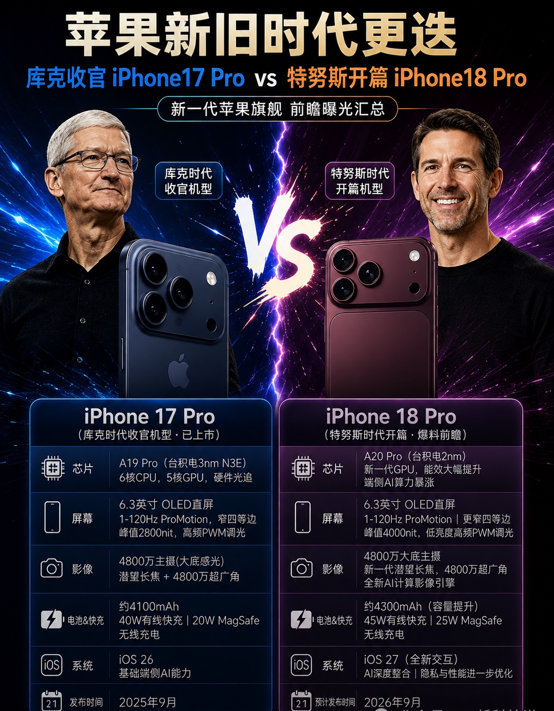 苹果新旧交接，iPhone18Pro成换代分水岭？库克时代的iPhone 17 Pro还没完全退场，下一代iPhone 18 Pro就要来了。一个是库克时代的收官节点，一个是新CEO时代的开篇旗舰。这次换代，恐怕不只是常规的挤牙膏升级那么简单。