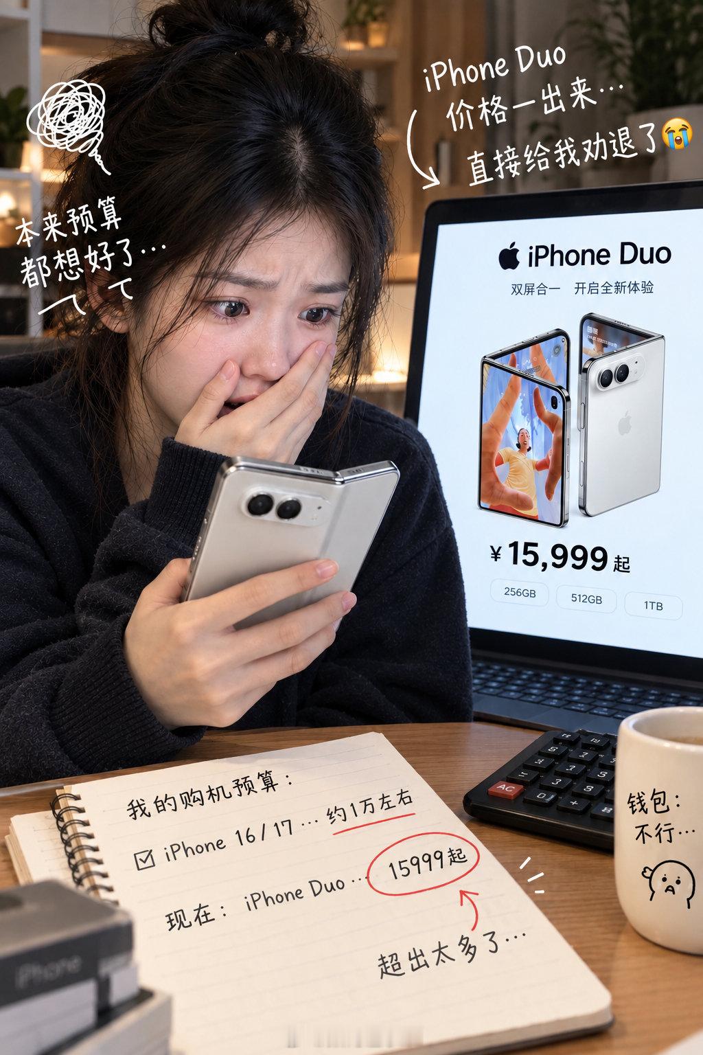 #买iPhoneDuo的预算或大幅增加#本来预算都想好了，买个iPhone也就一万左右。结果iPhone Duo价格一出来，直接给我劝退了[苦涩] ​