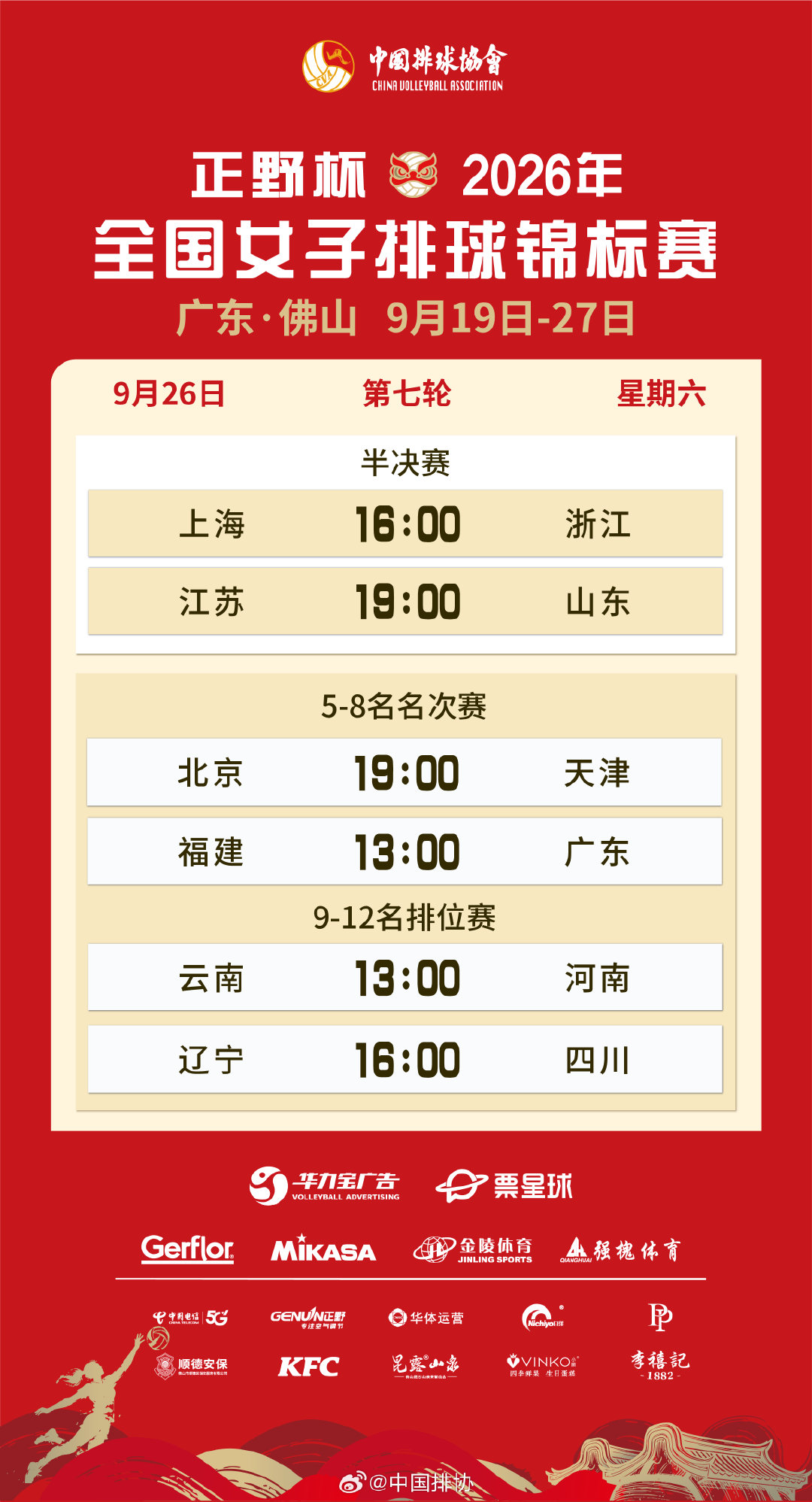 9月26日，正野杯#2026年全国女排锦标赛# 将展开半决赛以及5-8名名次赛、9-12名排位赛的争夺。赛程👇 ​​​