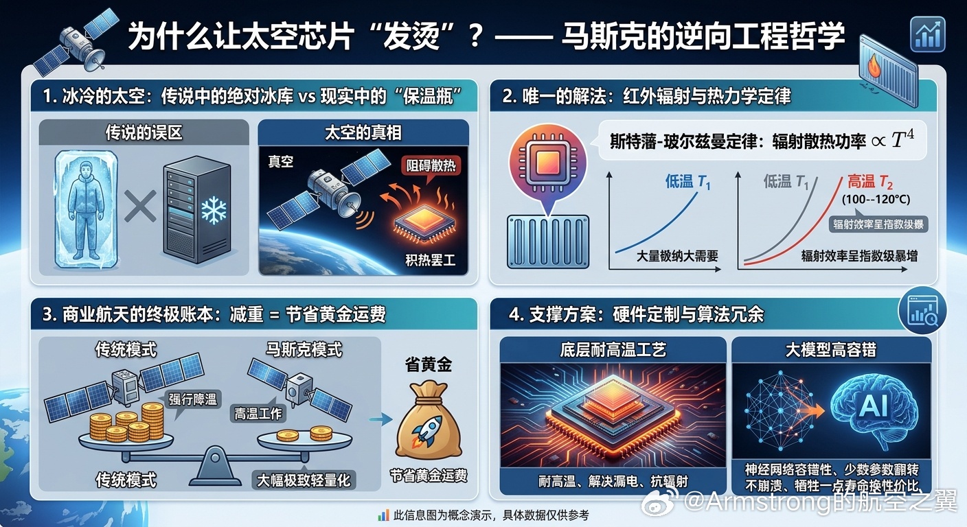 #马斯克建议太空芯片高温工作# 在很多人的印象里，太空是绝对零度的冰库，芯片肯定得注意保暖？或者像地面服务器一样必须疯狂降温？

其实，真空就像个超强保温瓶，没有空气，传统的风冷、液冷统统失效，热量极难散出去！在太空中，散热只能靠红外辐射。而物理学中的斯特藩-玻尔兹曼定律告诉我们：辐射 ​
