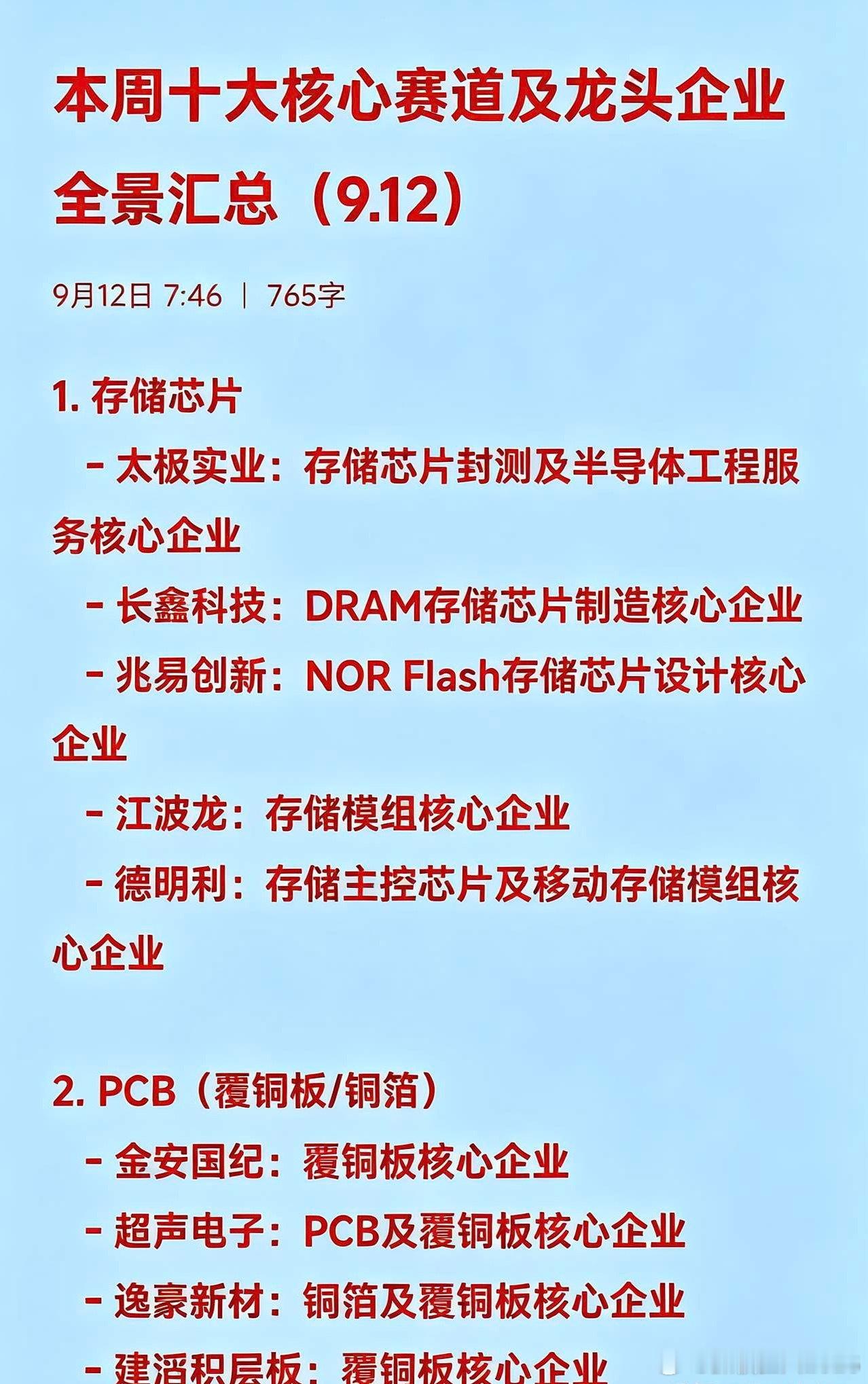 本周十大核心赛道及核心企业全景汇总（9.12）

1. 存储芯片
   - 太极实业：存储芯片封测及半导体工程服务核心企业
   - 长鑫科技：DRAM存储芯片制造核心企业
   - 兆易创新：NOR Flash存储芯片设计核心企业
   - 江波龙：存储模组核心企业
   - 德明利：存储主控芯片及移动存储模组核心企业

2. PCB（ ​