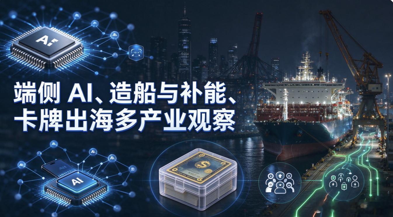 端侧 AI、造船与补能、卡牌出海多产业观察

近期，消费电子、重工制造、新能源汽车补能和兴趣消费交易领域出现多条值得关注的动态。它们分别指向几个共同趋势：算力资源正被跨设备重新组织，传统制造向高附加值环节集中，补能网络从品牌配套走向公共基础设施，收藏品交易则从线上延伸至线下社群。
一、 ​