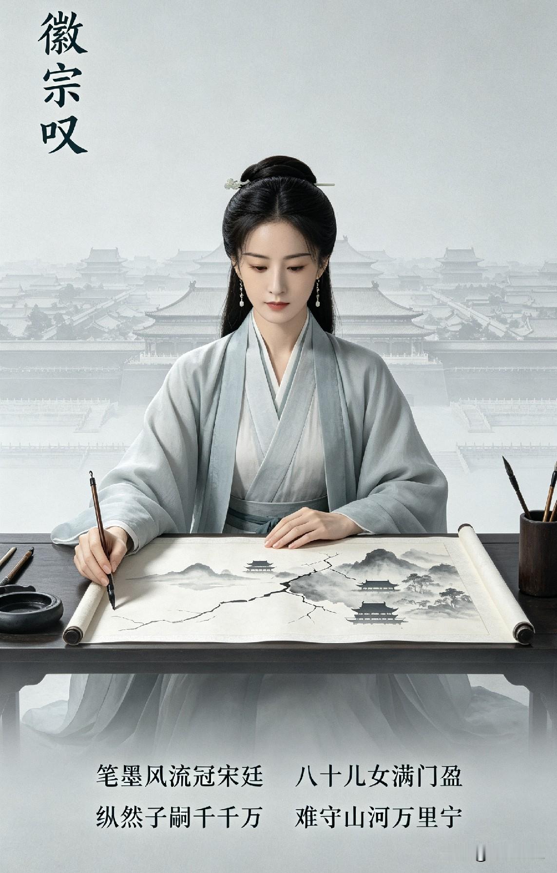【徽宗叹】
笔墨风流冠宋廷，
八十儿女满门盈。
纵然子嗣千千万，
难守山河万里宁。
 
释义——
宋徽宗书画才情冠绝北宋，
一生共有八十名子女。
然而，纵使儿孙满堂，
他却没能守住大宋万里江山。
北宋生活图鉴 宋之唯美诗词 宋徽宗作品集 宋徽宗诗帖 宋徽宗御鹰图