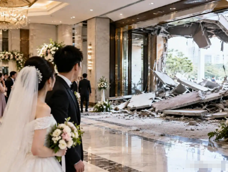 摊上横祸！四川广安一对新人办婚礼，摆了68桌婚宴，单桌999元，宾客满堂。喜炮还没响、仪式还没开场，一声巨响骤然震住全场——酒店正门门厅轰然整体坍塌，碎石纷纷坠落，多名亲友受惊受伤，喜庆现场秒变事故现场。事后新人拒付6万余元尾款反被酒店起诉：这笔钱到底该不该付？
 
这事搁谁身上都得炸。
 
一辈子