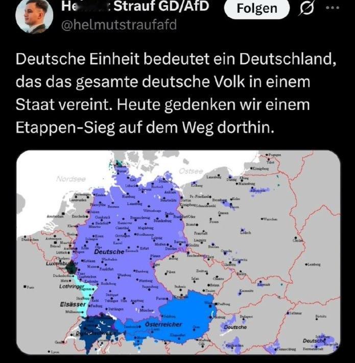 德国另类选择党（AfD）极右翼青年组织领袖卢卡·莫里茨·施特劳斯（Luca Moritz Strauß）在X平台上发布了一张地图，描绘了一个吞并奥地利、卢森堡、瑞士大部分地区以及法国、波兰、意大利和其他欧洲国家部分领土的德国。

他写道：“德国统一意味着一个将全体德国人民团结在一个国家内的德国。”

该帖子 ​