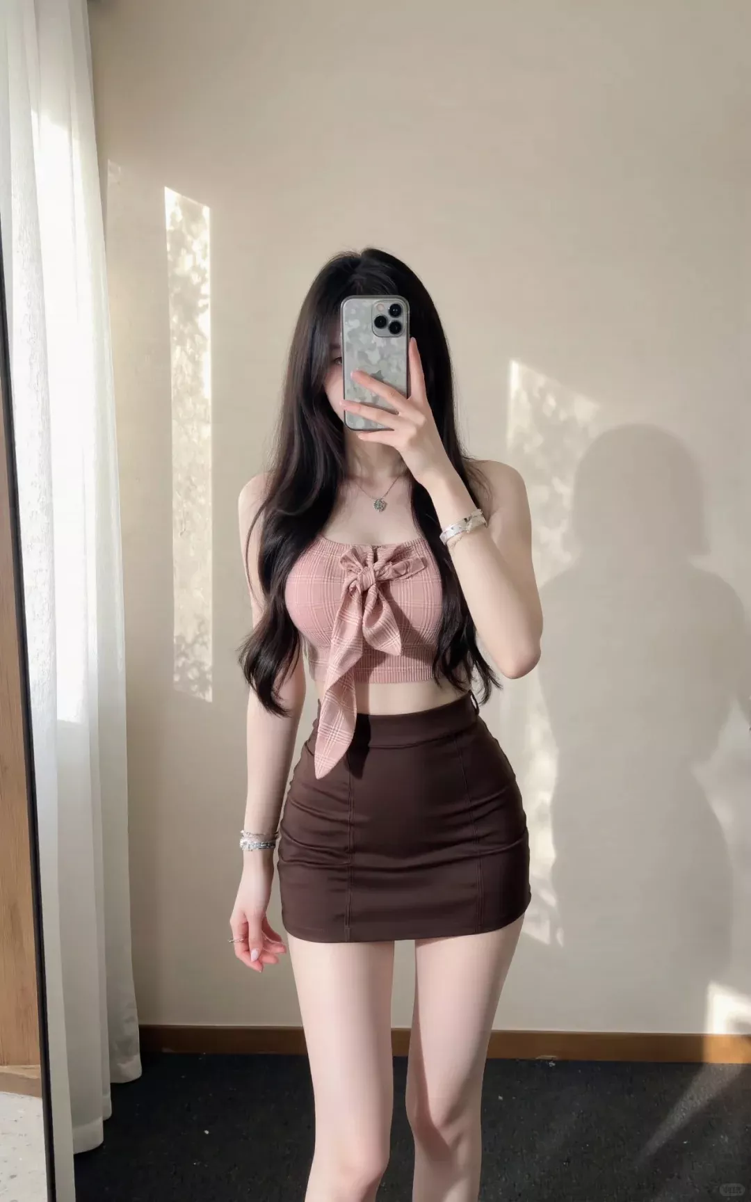 甜美少女风穿搭，粉色蝴蝶结上衣搭配棕色短裙，超显气质！