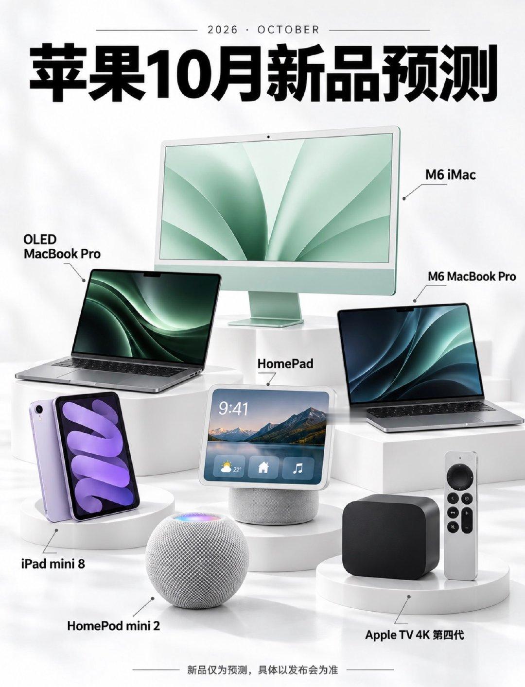 苹果10月7款新品预测汇总！包含HomePad、HomePod mini2、第四代Apple TV 4K。

还有OLED版iPad mini8、OLED触控MacBook Pro，以及M6 MacBook Pro、M6 iMac，覆盖智能家居、平板与电脑。

全部仅为预测，最终以官方发布会为准，你最期待哪款？ ​