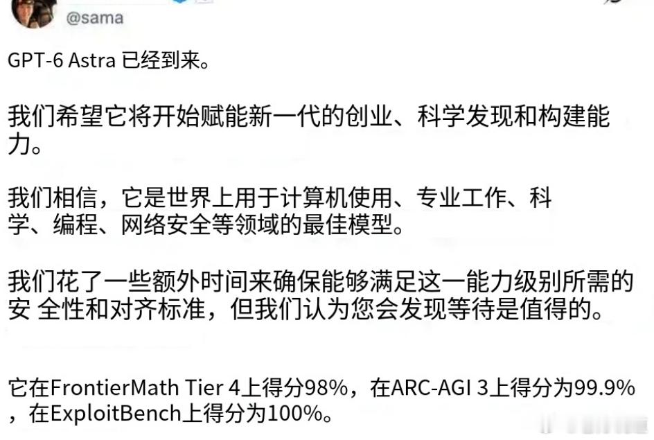 OpenAI宣布实现AGI，再次领先世界？

AGI（通用人工智能）是一场竞赛，Anthropic本来是跑在了前面，但现在OpenAI联合创始人兼CEO萨姆·奥尔特曼宣布实现了反超。

他表示OpenAI刚推出的GPT-6 Astra模型是目前最佳、最智能的模型。

按照OpenAI提出的AGI五级发展标准，GPT-6 Astra模型已经跨越了聊天机器 ​