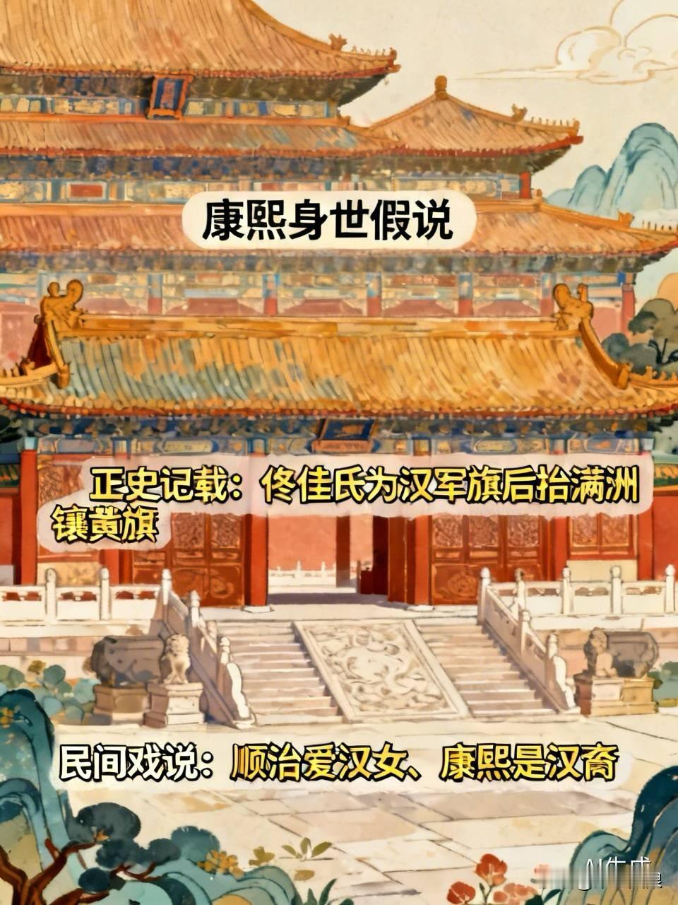 之前刷到不少人讨论康熙的身世假说，说他其实是汉人家的孩子，被孝庄换进了宫里，一开始我以为只是网文编出来博眼球的段子，后来才发现这话题能火根本不是没缘由的。
正史里康熙的生母佟佳氏本来就是汉军旗出身，后来才抬的满洲镶黄旗，加上清末民初排满思潮兴起，不少民间笔记直接把这个点放大，编出了“顺治爱上汉女、康