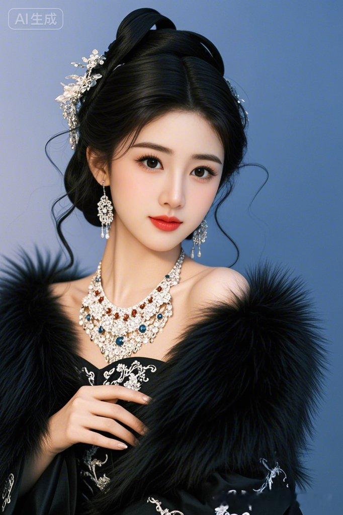 美女着暗黑色毛绒古装露肩款，长发披肩，大耳环，面容姣好，笑容温柔，高贵冷艳。