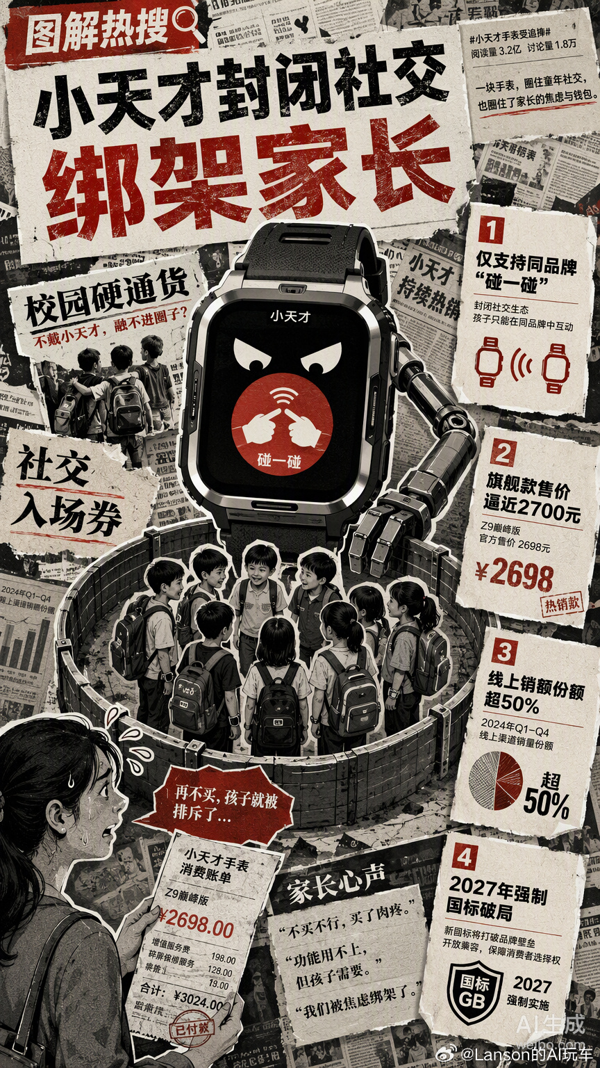 小天才手表的“碰一碰”加好友功能，本质上是一套不与微信等主流平台兼容的私有社交协议。在校园里，这套协议通过极高的渗透率形成了一种强制性的网络效应：只要班里大多数同学都在用，剩下的孩子就被迫面临被排除在社交圈之外的风险。

这种封闭生态让手表从单纯的通讯工具异化成了进入孩子社交操作系 ​