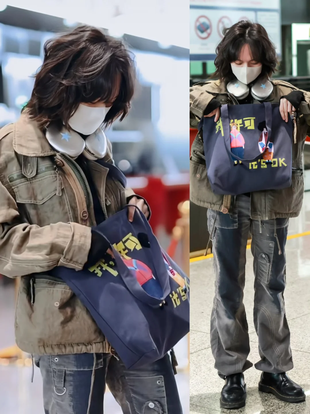 文淇机场打卡自己，老淇这身是真的酷