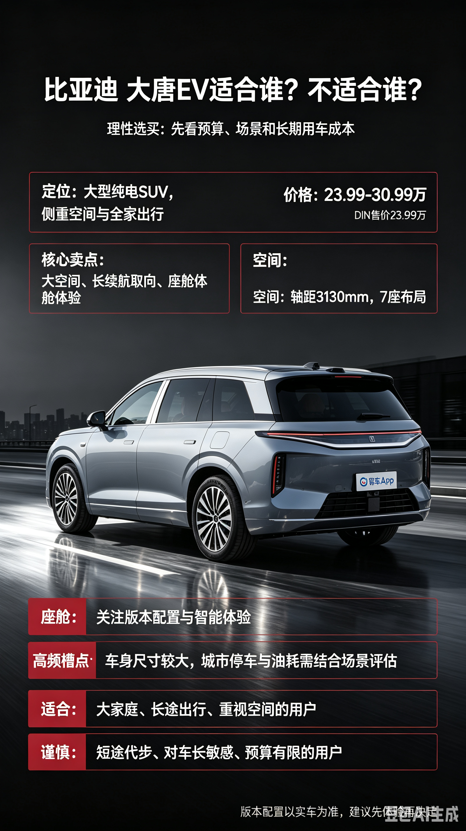 比亚迪大唐EV是大型纯电7座SUV，主打大空间，适合大家庭长途出行。拥有不错的续航表现与舒适座舱，智能配置随版本有所差异。不过车身尺寸偏大，城市停车会有一定压力。更适合看重乘坐空间的用户，对大车长度敏感的，建议线下体验。【来自懂车帝车友圈】