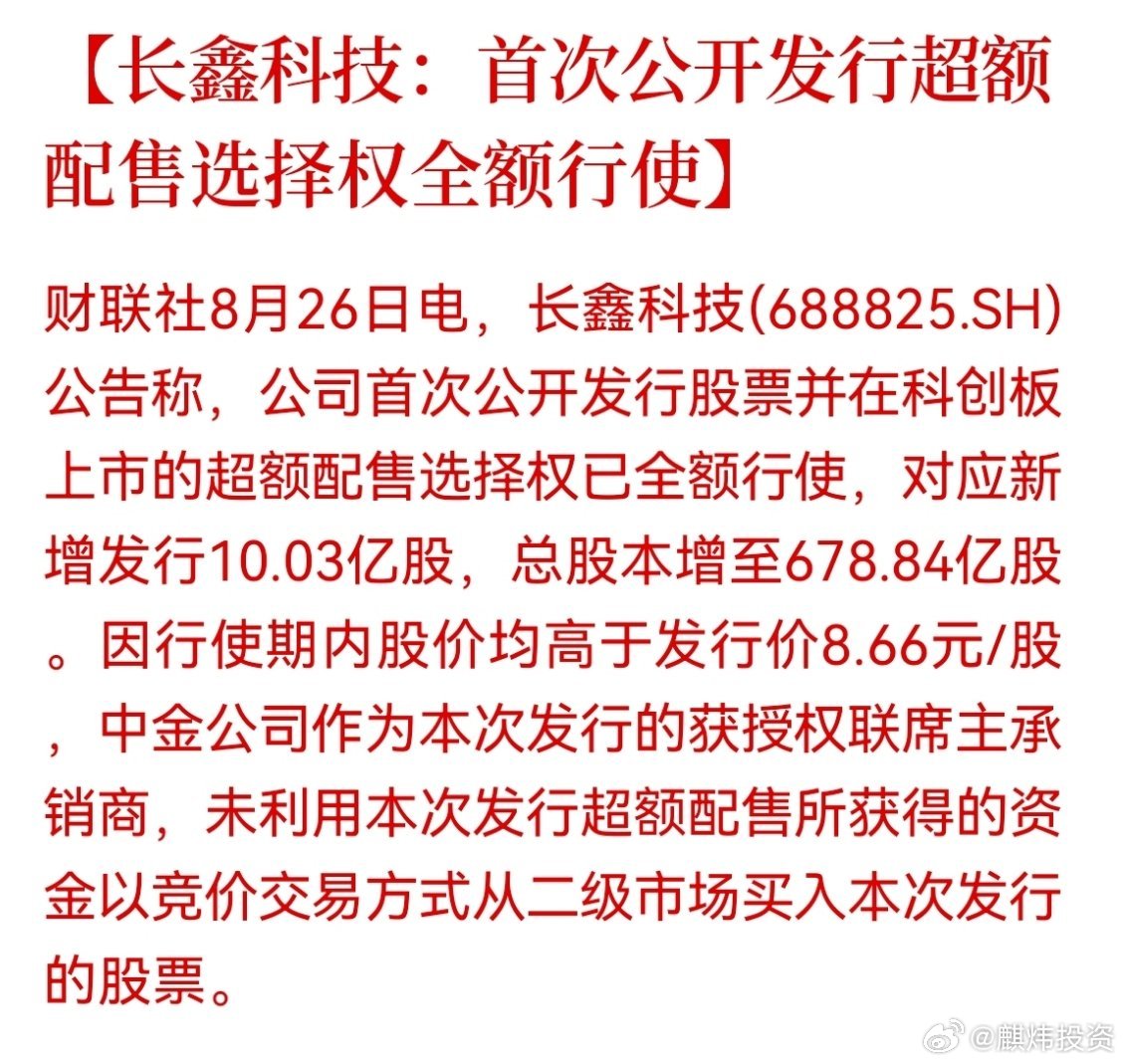 长鑫科技：首次公开发行超额配售选择权全额行使 ​