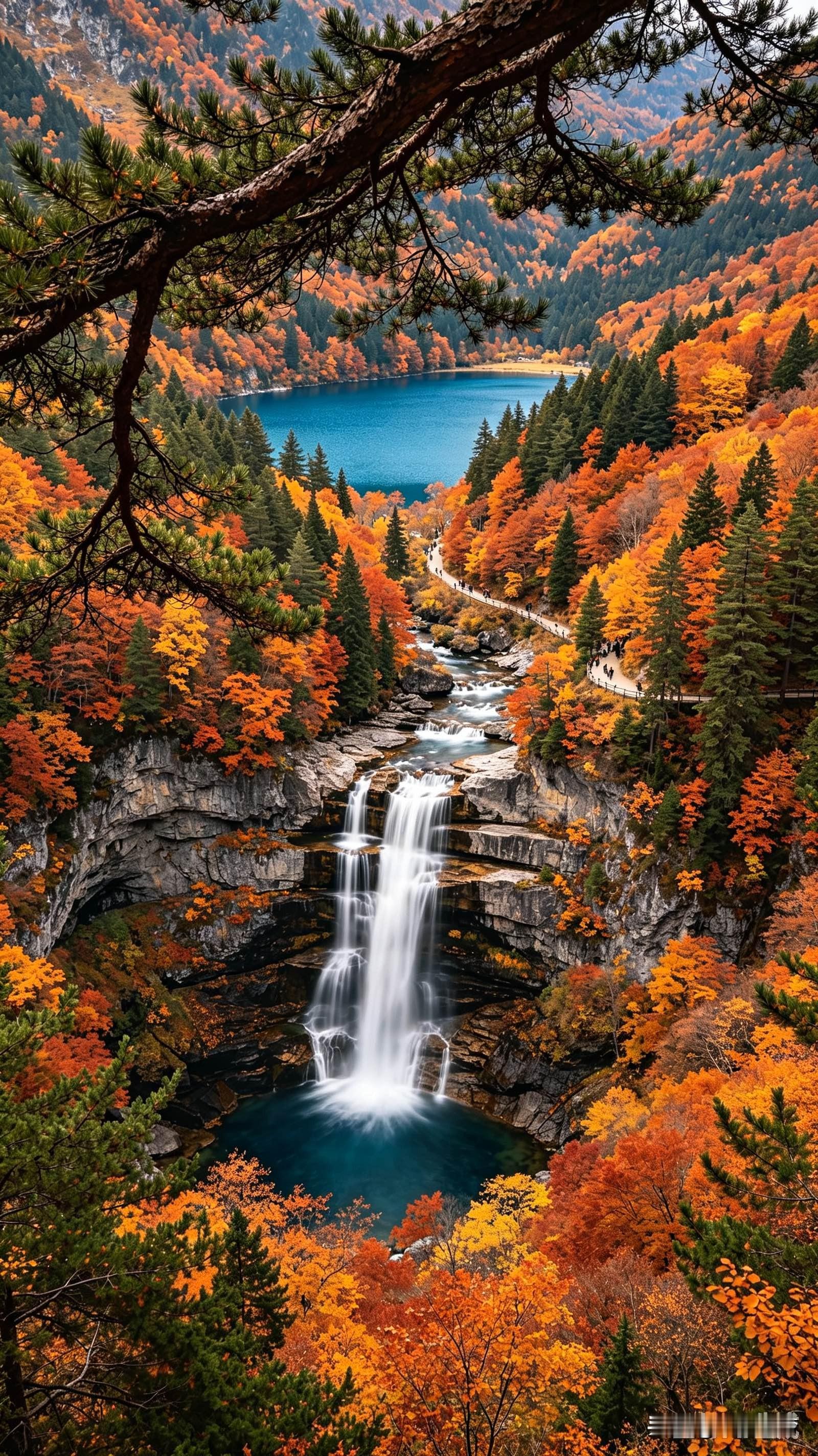 我的乖乖，这秋景简直绝了！漫山遍野的树叶黄橙橙、红通通的，跟打翻了调色盘似的。那水蓝得透亮，瀑布顺着石头哗哗往下淌，丝滑得像白绸子。阳光一照，水雾蒙蒙的，松枝框着画面，远处还有静悄悄的湖和栈道。站跟前听听水声看看树，啥烦心事都没了，真想赶紧拎包去打卡！

秋日瀑布 治愈系风景