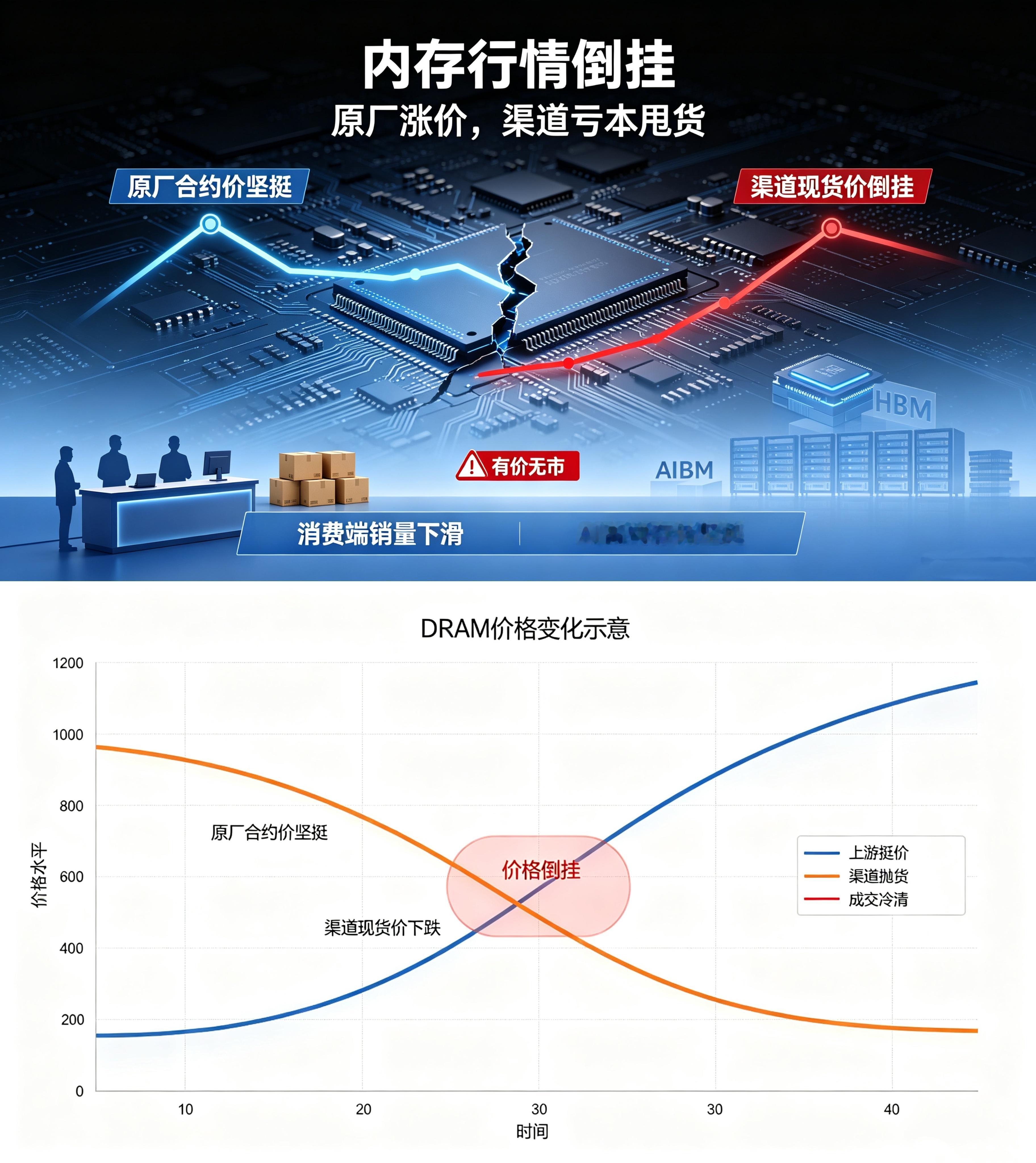 #内存条有价无市#
当前内存市场出现十分特殊的结构性行情：上游原厂的出厂合约价格还在走高，但是流通渠道当中，现货售价已经低于成本，形成价格倒挂。
 
十月份以来，线下市场销量大幅下滑，不少商家的成交量直接下降两至三成，很多消费者面对高价选择观望，市场有价无市。
 
背后的核心原因，在于全 ​