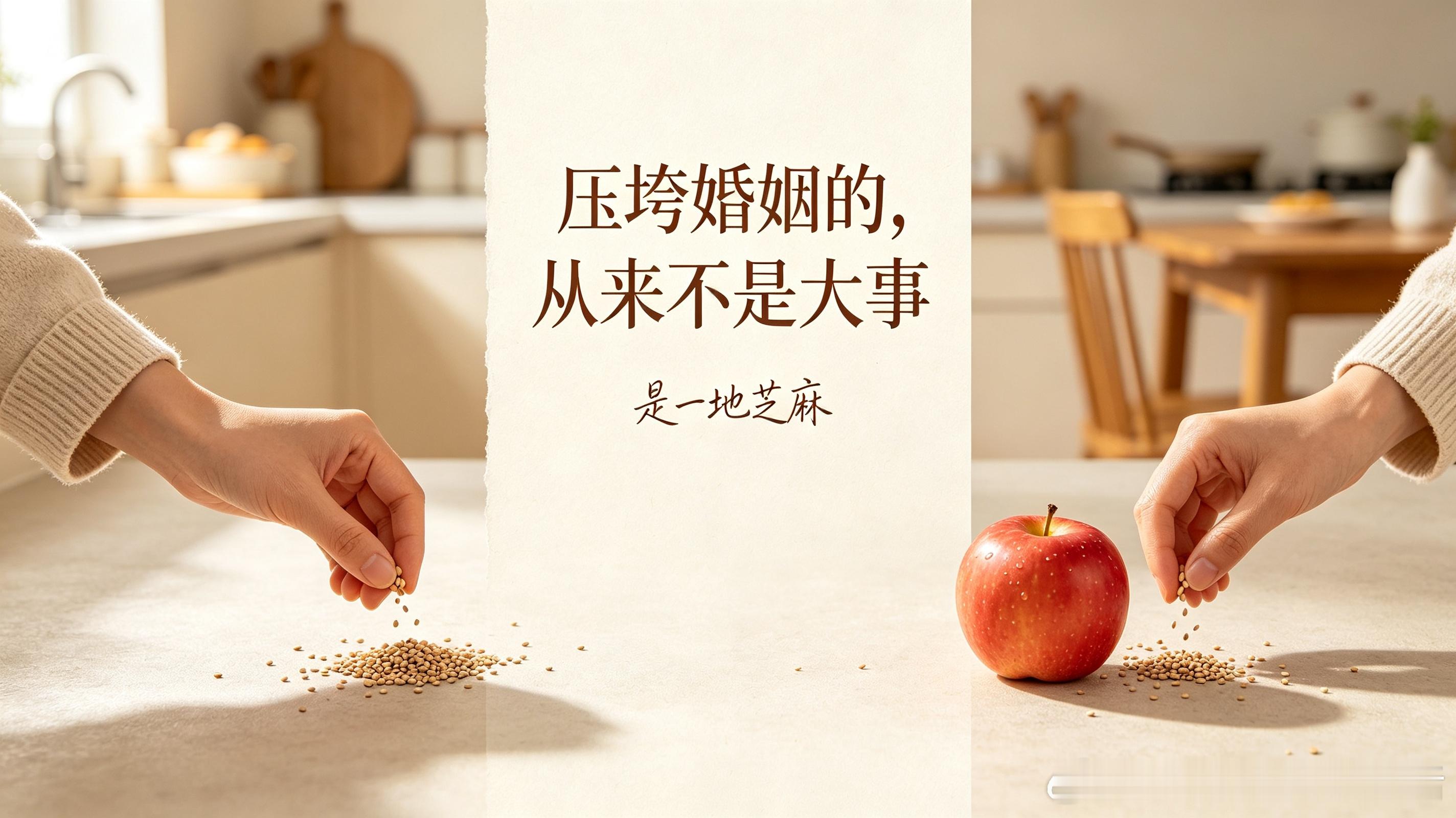 好的婚姻，是有人陪你捡一地芝麻
 
听过一个很通透的生活比喻：
 
一个苹果掉在地上，捡起来洗一洗，依旧可以安心吃掉，无伤大雅；可一把芝麻撒落在地，零零散散、遍地都是，让人弯腰无从拾起，收拾无力，最后只能无奈放弃。
 
人生最磨人的从不是轰然倒塌的灾难，也不是压在肩头的千斤重担。
 
那些真 ​