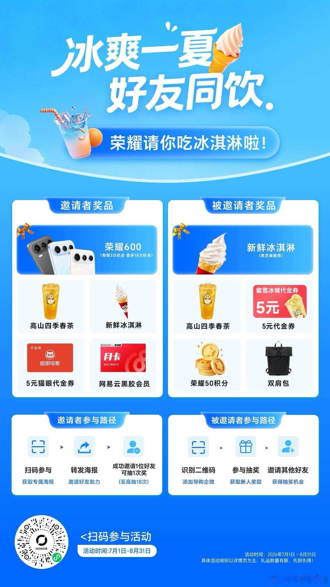 🍦 夏天收尾，最后一期冰淇淋福利来啦🎉

✨ 万份券+荣耀600，奖品还多着呢！

⏰ 8.21-8.31 最终场

👇 上期抽过的，再来一轮～#荣耀x80promax##荣耀robot phone# ​
