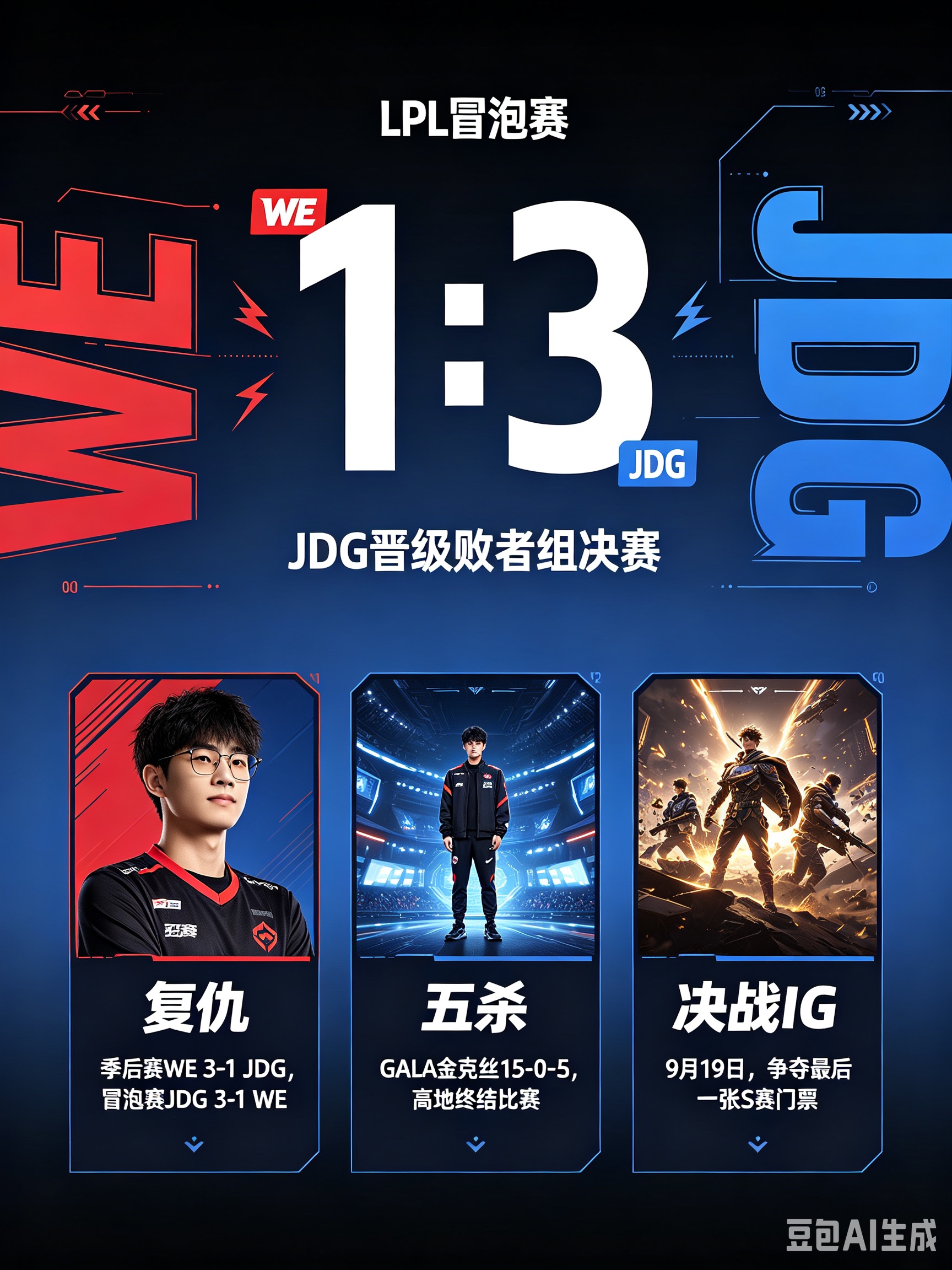 复仇！JDG 3‑1 WE，GALA五杀封神

LPL冒泡赛败者组半决赛迎来焦点对决，JDG与WE再度交手。
此前季后赛WE曾3‑1击败JDG，这一场是不折不扣的复仇之战。

第一局WE发挥出色，前期节奏拉满拿下首局，手握领先优势。
但JDG迅速调整状态，第二、三局连续取胜，手握赛点。
决胜局第四局