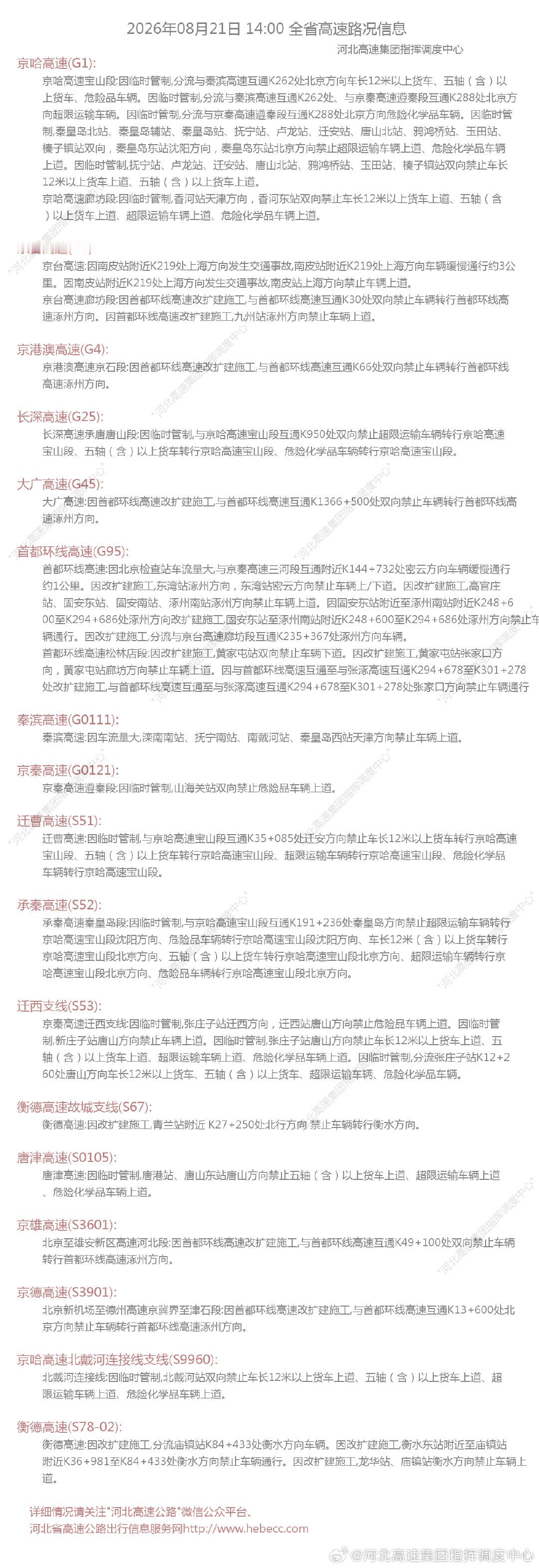 详细情况请关注"河北高速公路"微信公众平台、河北省高速公路出行信息服务网 ​