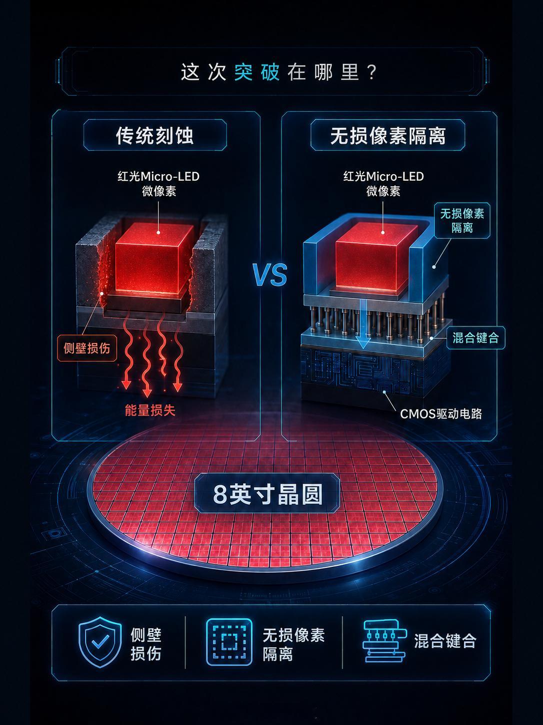 #国产8英寸红光MicroLED芯片发布#Micro-LED可以理解为把LED缩小到微米级，每一个像素都能独立发光，具备高亮度、高对比度和长寿命等优势，很适合AI眼镜。

全彩显示一直卡在红光上，像素越小，传统刻蚀对侧壁造成的损伤越明显，部分电能会变成热量，导致红光效率下降。这次的新方案改用电性绝缘实现像 ​