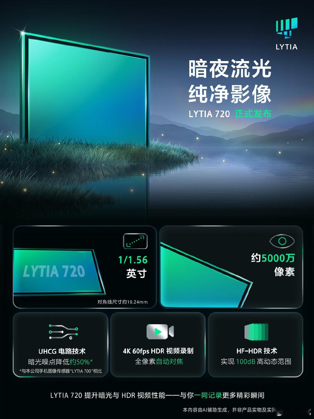 索尼发了个新的CMOS，叫LYTIA 720，5000万像素，1/1.56"，UHCG电路，说相比LYTIA 700暗光环境下的随机噪点降低约 50%，支持HF-HDR，说是给手机主摄用的。 ​