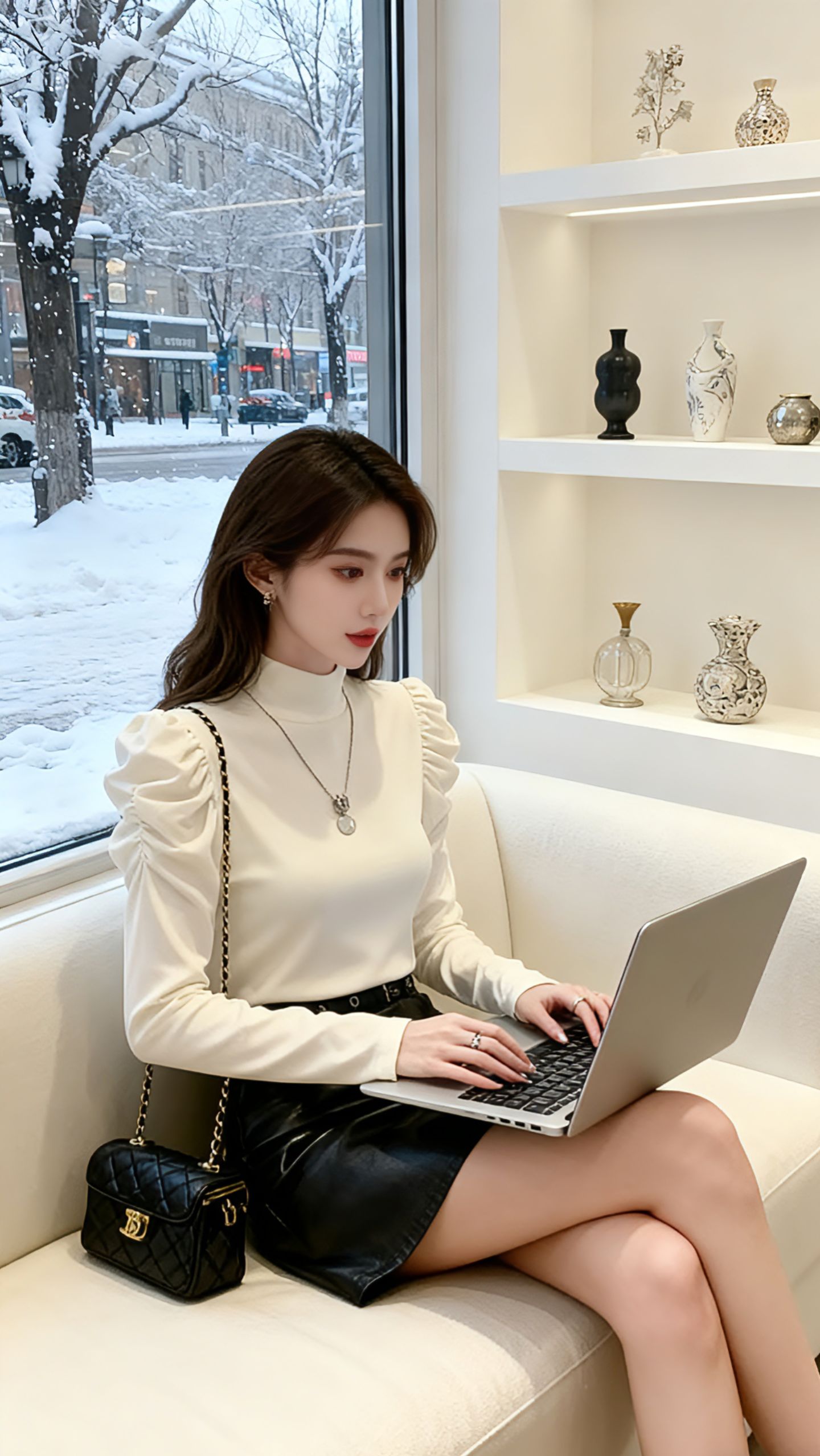 窗外的雪还在无声飘落，给街道覆上一层蓬松的白。苏晴坐在米白色沙发上，指...