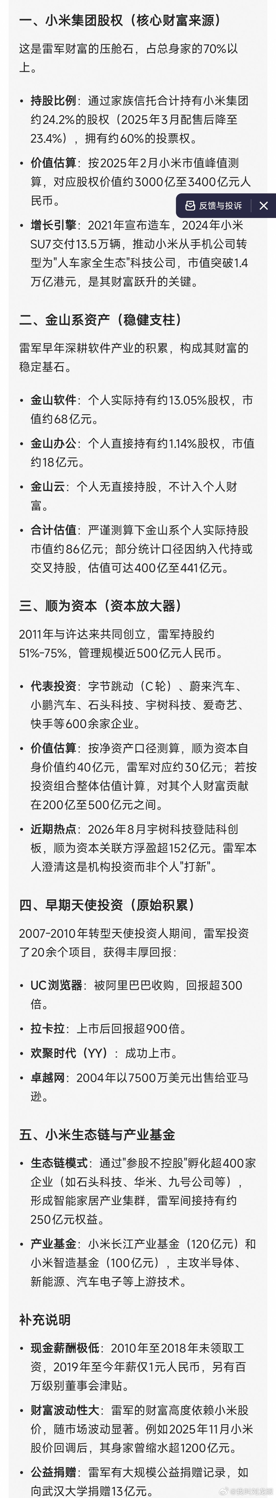 然后说小米不赚钱，就是交朋友，雷总有钱，有别的地方输血补贴，那到底是车补贴手机，还是手机补贴车？

雷总钱哪来的，总不能是华为割来然后转给雷总吧？

——

雷军的财富哪里来，

小米系资产：3000多亿，

金山系资产：400+亿，

顺为系资产：200+亿，

生态链资产：250+亿。

这是别 ​